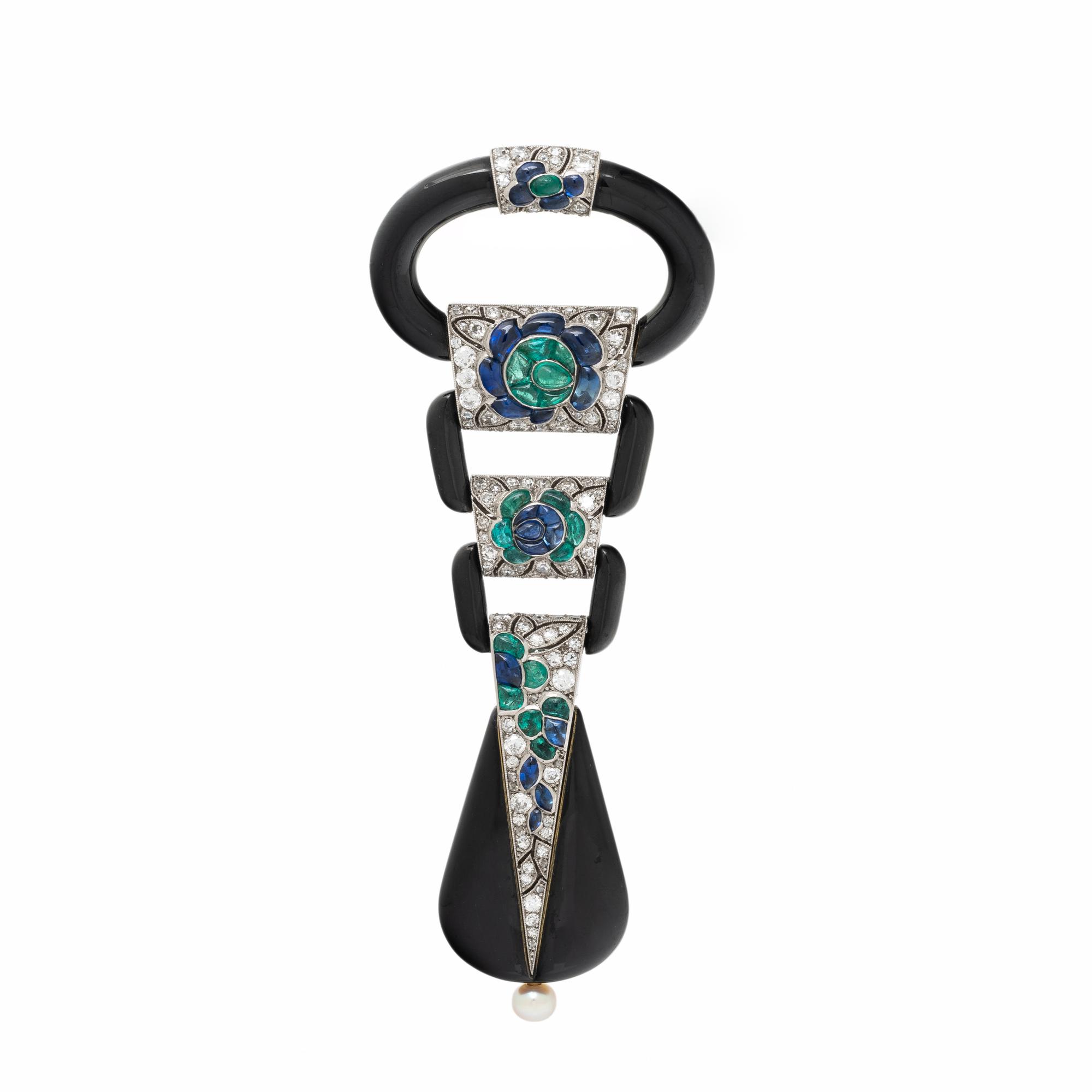 VERGER FRÈRES FOR LACLOCHE FRÈRES, ART DECO, ONYX AND MULTIGEM LAPEL WATCH
