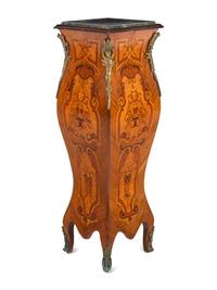 A Louis XV Style Gilt Bronze Mounted Marquetry Marble-Top Pedestal