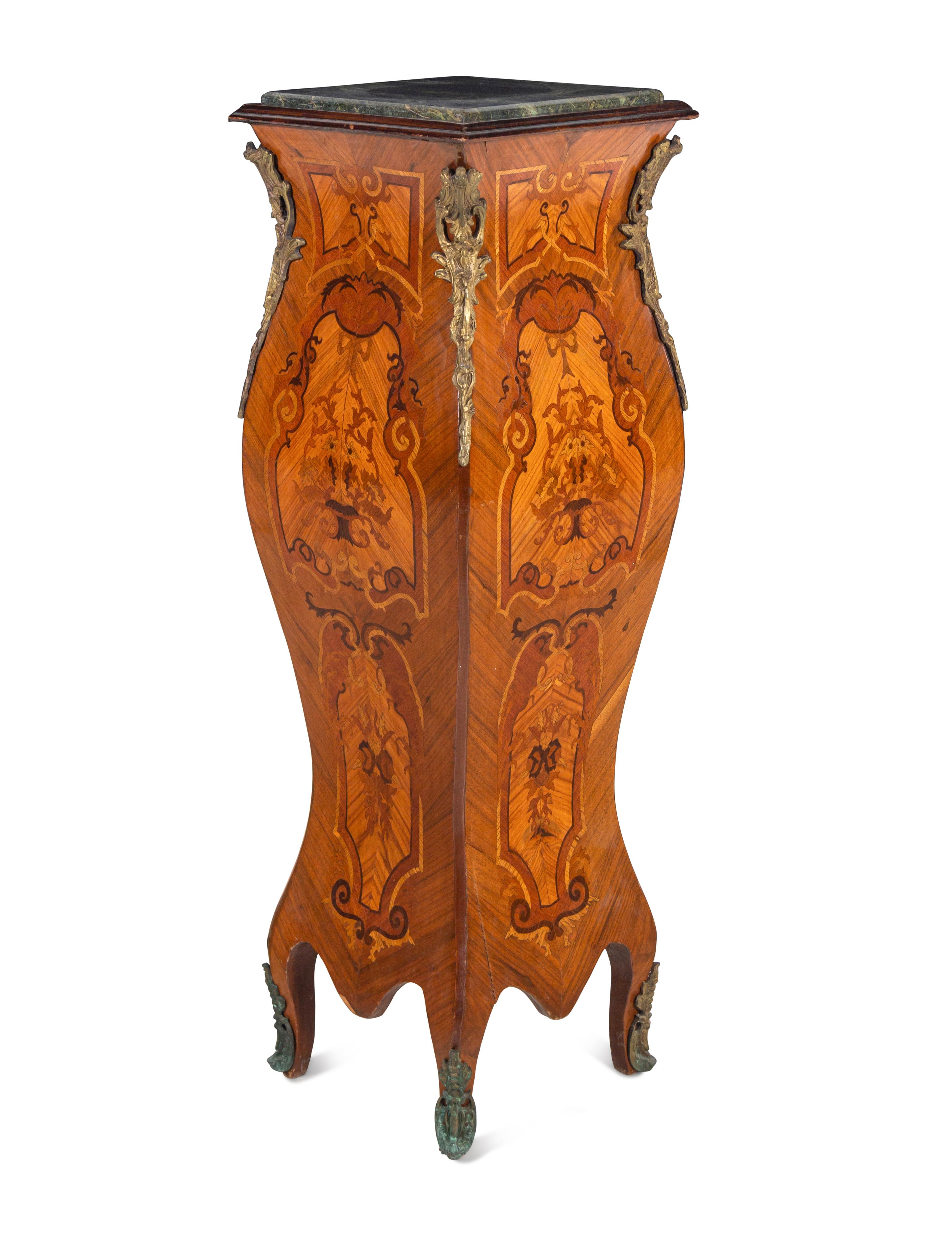 A Louis XV Style Gilt Bronze Mounted Marquetry Marble-Top Pedestal