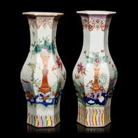 A Pair of Chinese Famille Rose Porcelain Hexagonal 'Bogu' Vases, 19th Century — 清晚期 粉彩博古圖六方瓶一對