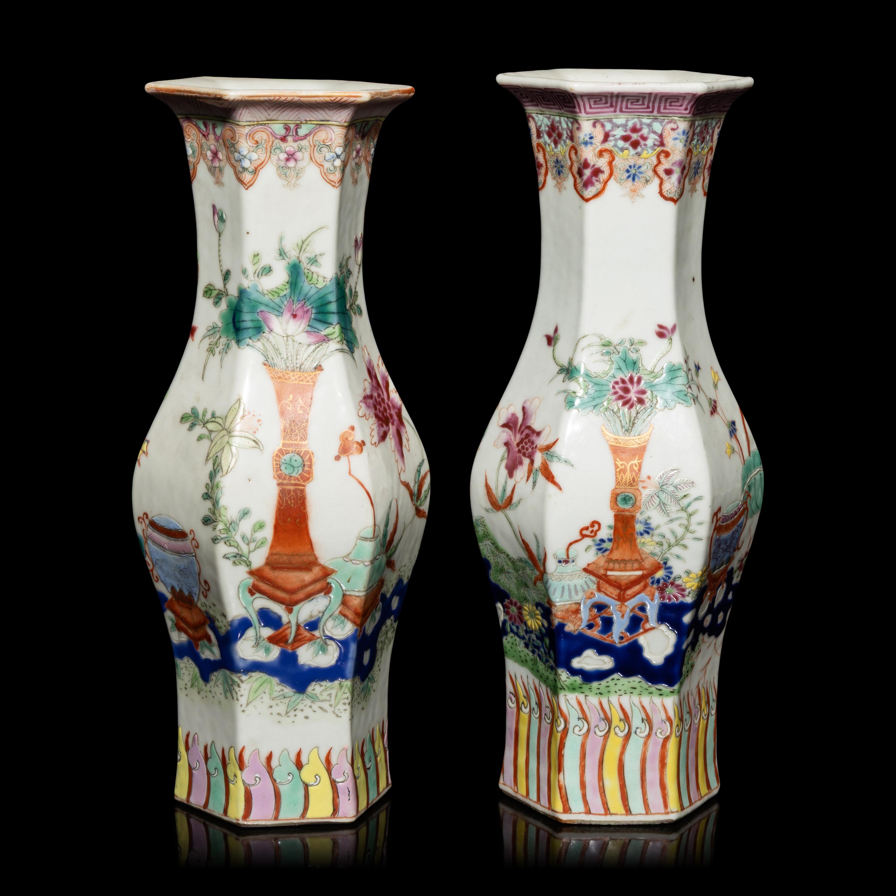 A Pair of Chinese Famille Rose Porcelain Hexagonal 'Bogu' Vases, 19th Century — 清晚期 粉彩博古圖六方瓶一對