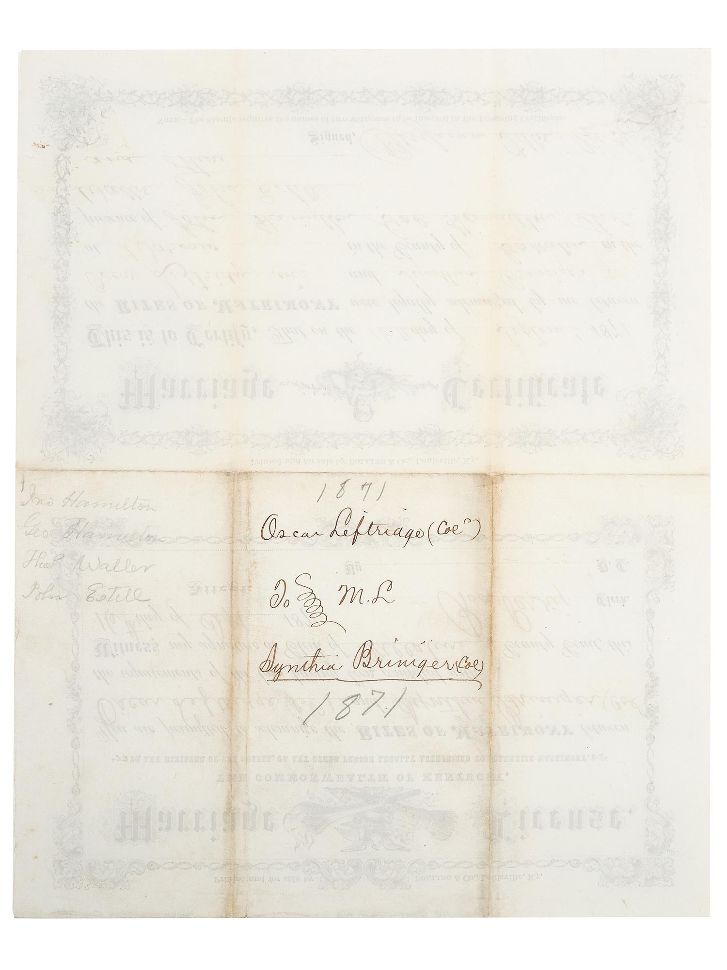 [CIVIL WAR] -- [RECONSTRUCTION]. 1871 Kentucky Marriage License and Certificate for formerly enslaved man and woman, incl. 117th US Colored Troop Pvt. Oscar Leftridge.