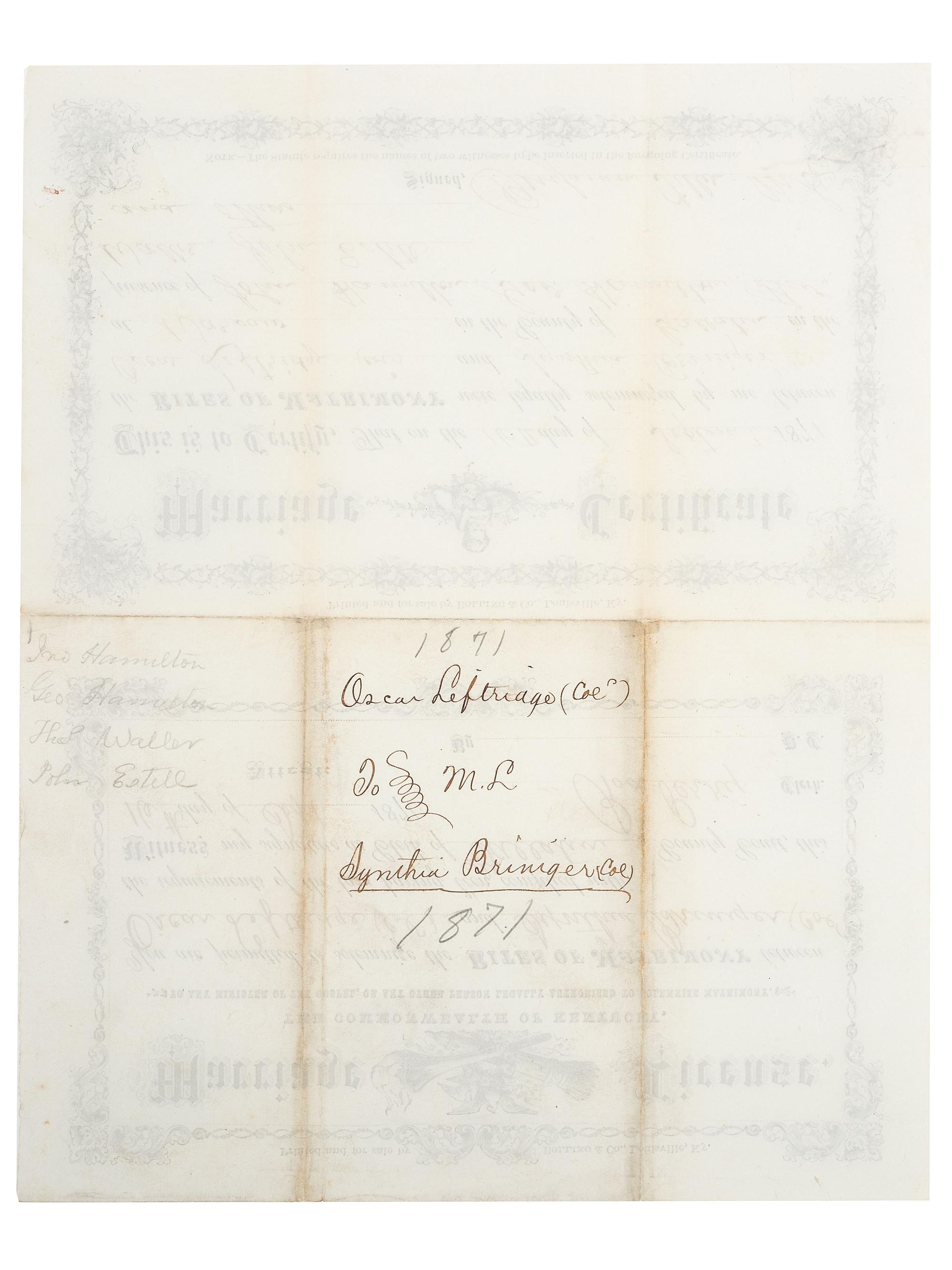 [CIVIL WAR] -- [RECONSTRUCTION]. 1871 Kentucky Marriage License and Certificate for formerly enslaved man and woman, incl. 117th US Colored Troop Pvt. Oscar Leftridge.