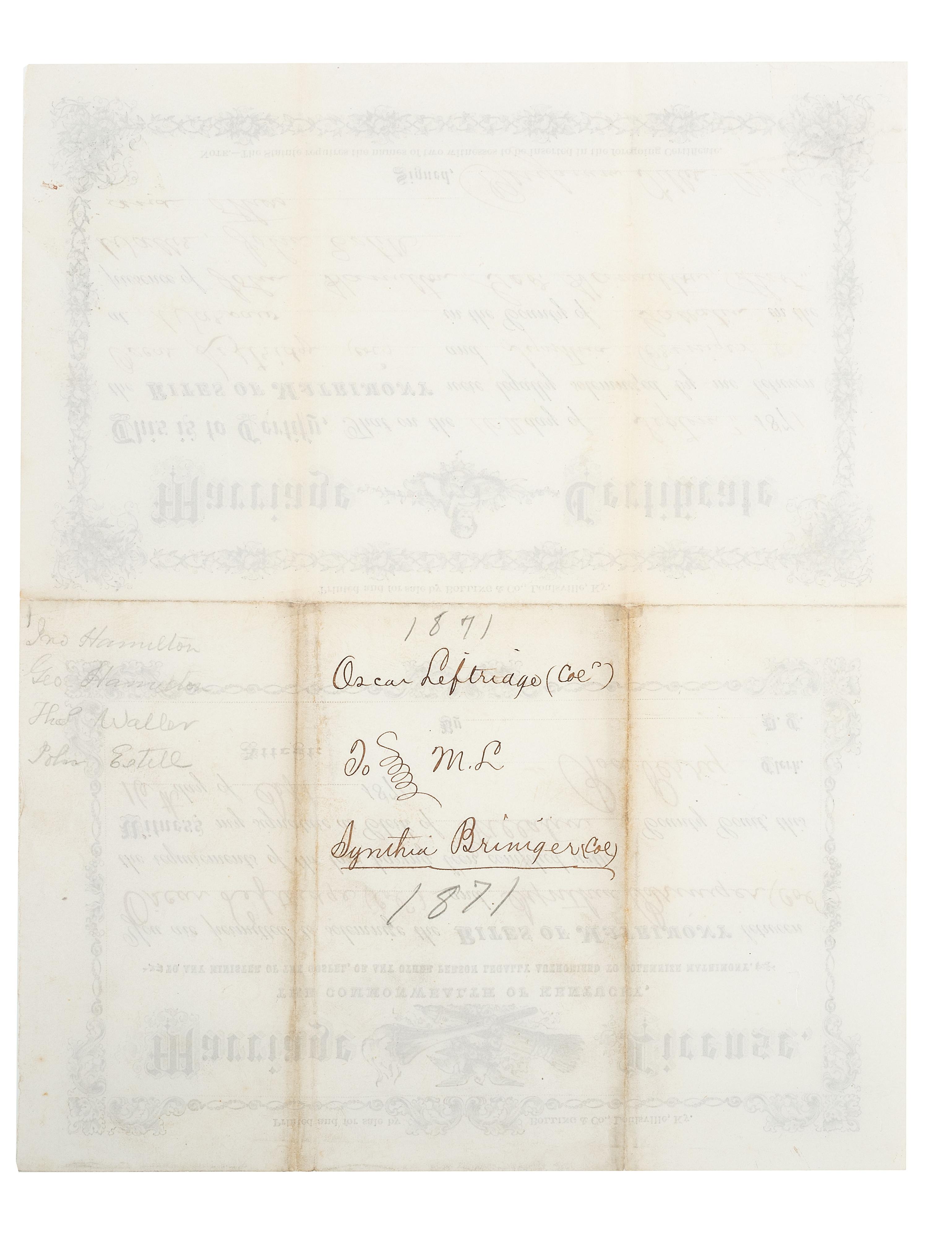[CIVIL WAR] -- [RECONSTRUCTION]. 1871 Kentucky Marriage License and Certificate for formerly enslaved man and woman, incl. 117th US Colored Troop Pvt. Oscar Leftridge.