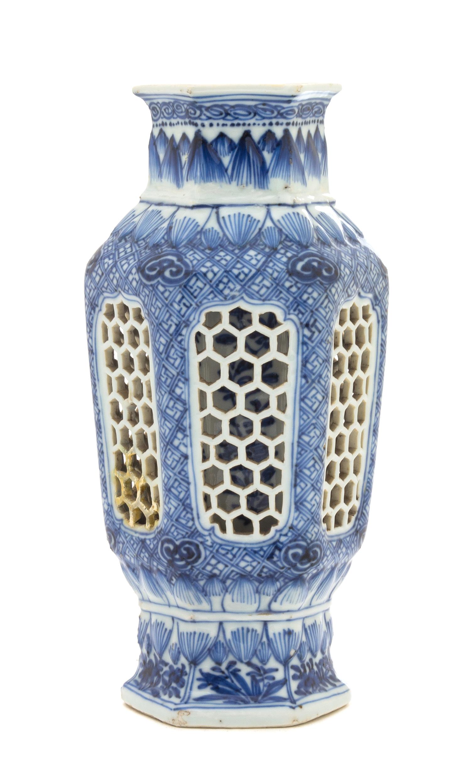 A Chinese Blue and White Porcelain Hexagonal Vase Height 8 3/4 inches. — 18TH CENTURY