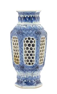 A Chinese Blue and White Porcelain Hexagonal Vase Height 8 3/4 inches. — 18TH CENTURY