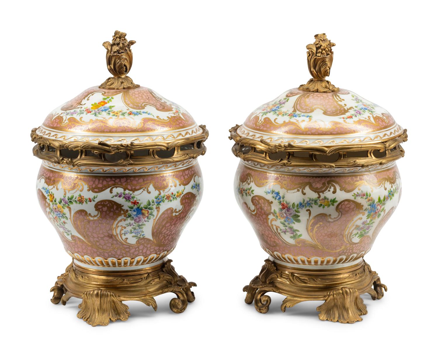 A Pair of French Gilt Bronze Mounted Sèvres Porcelain Potpourri Jars and Covers