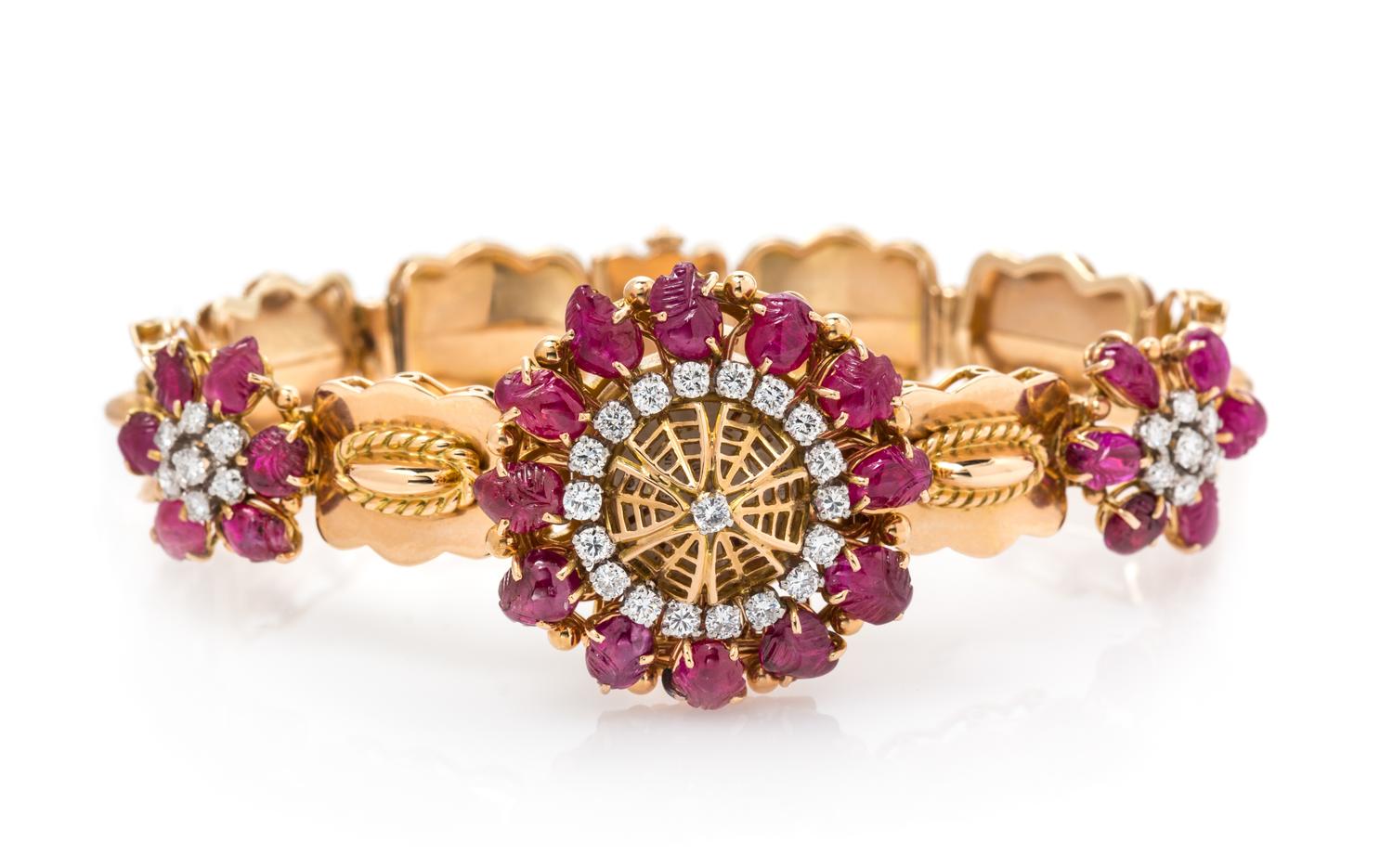A Retro 18 Karat Rose Gold, Ruby, and Diamond Surprise Wristwatch, Gubelin, 28.10 dwts.
