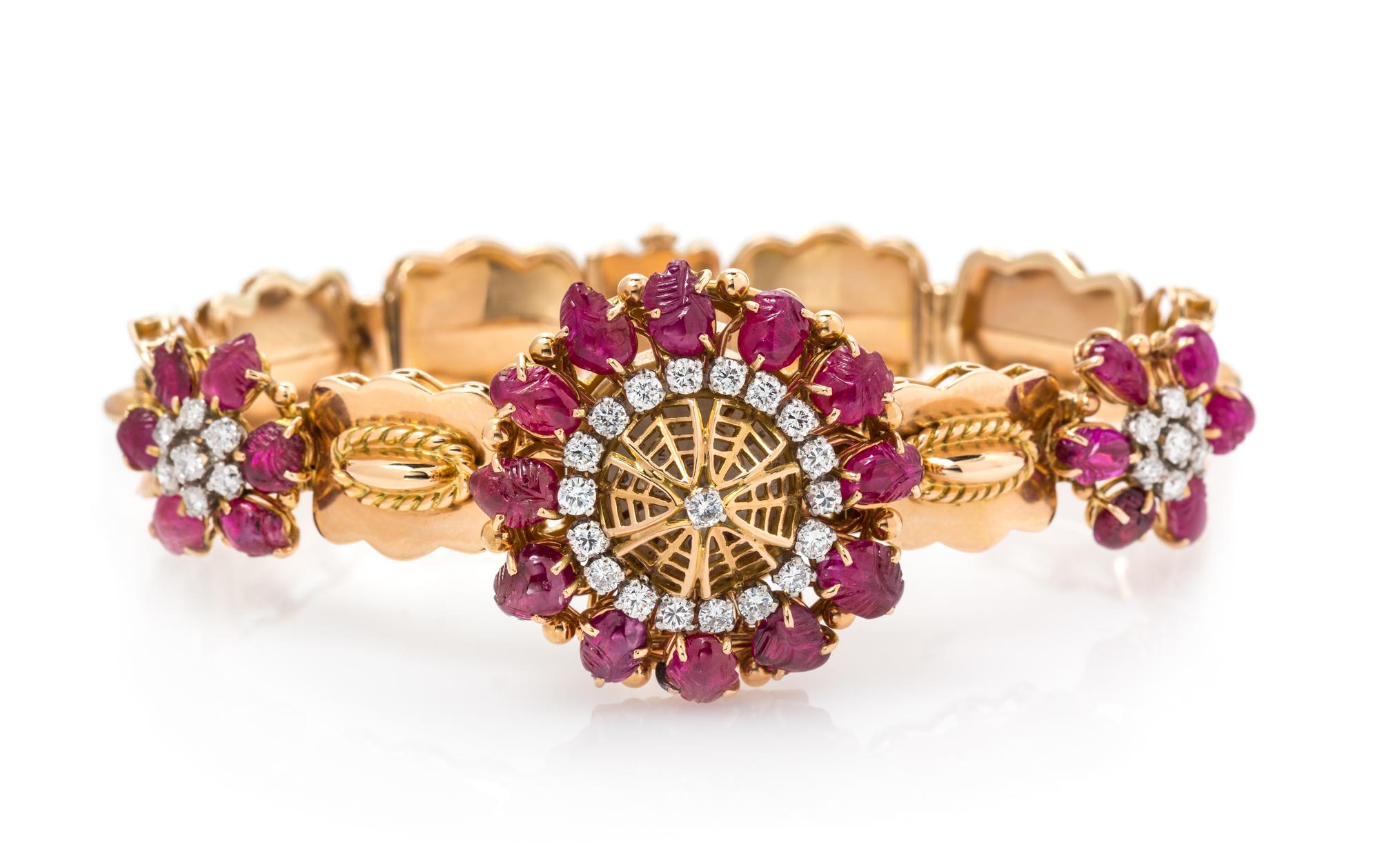 A Retro 18 Karat Rose Gold, Ruby, and Diamond Surprise Wristwatch, Gubelin, 28.10 dwts.