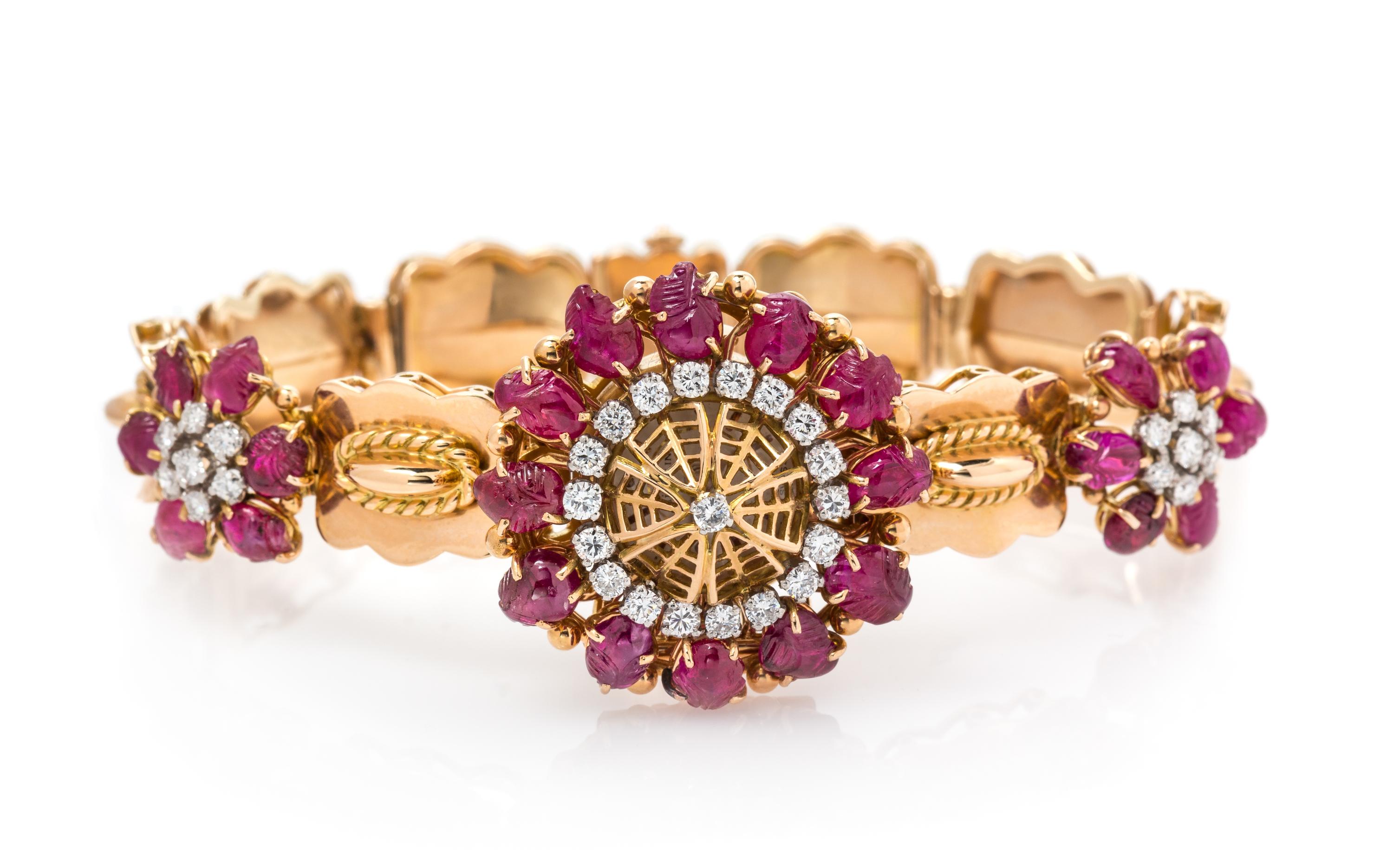 A Retro 18 Karat Rose Gold, Ruby, and Diamond Surprise Wristwatch, Gubelin, 28.10 dwts.