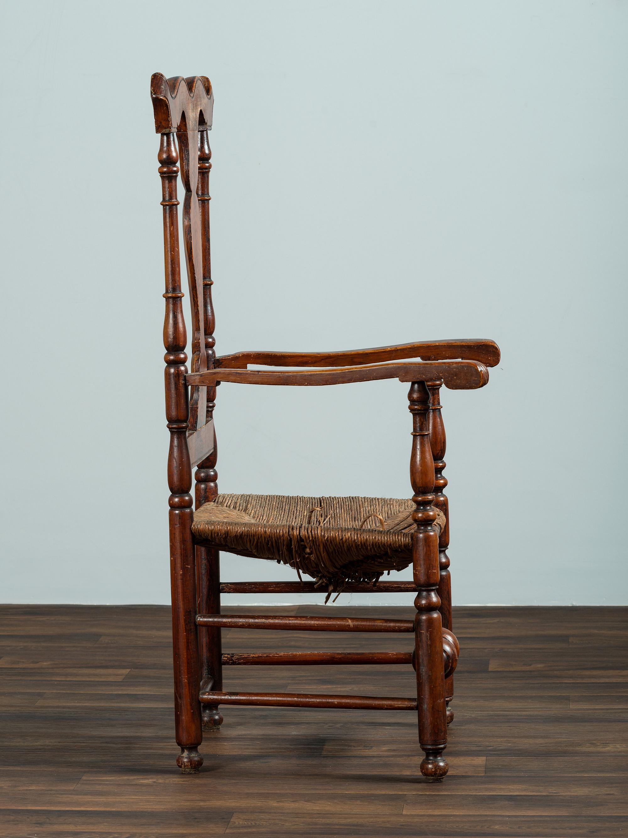A William and Mary Reel Turned and Grain-Painted Rush-Seat Armchair