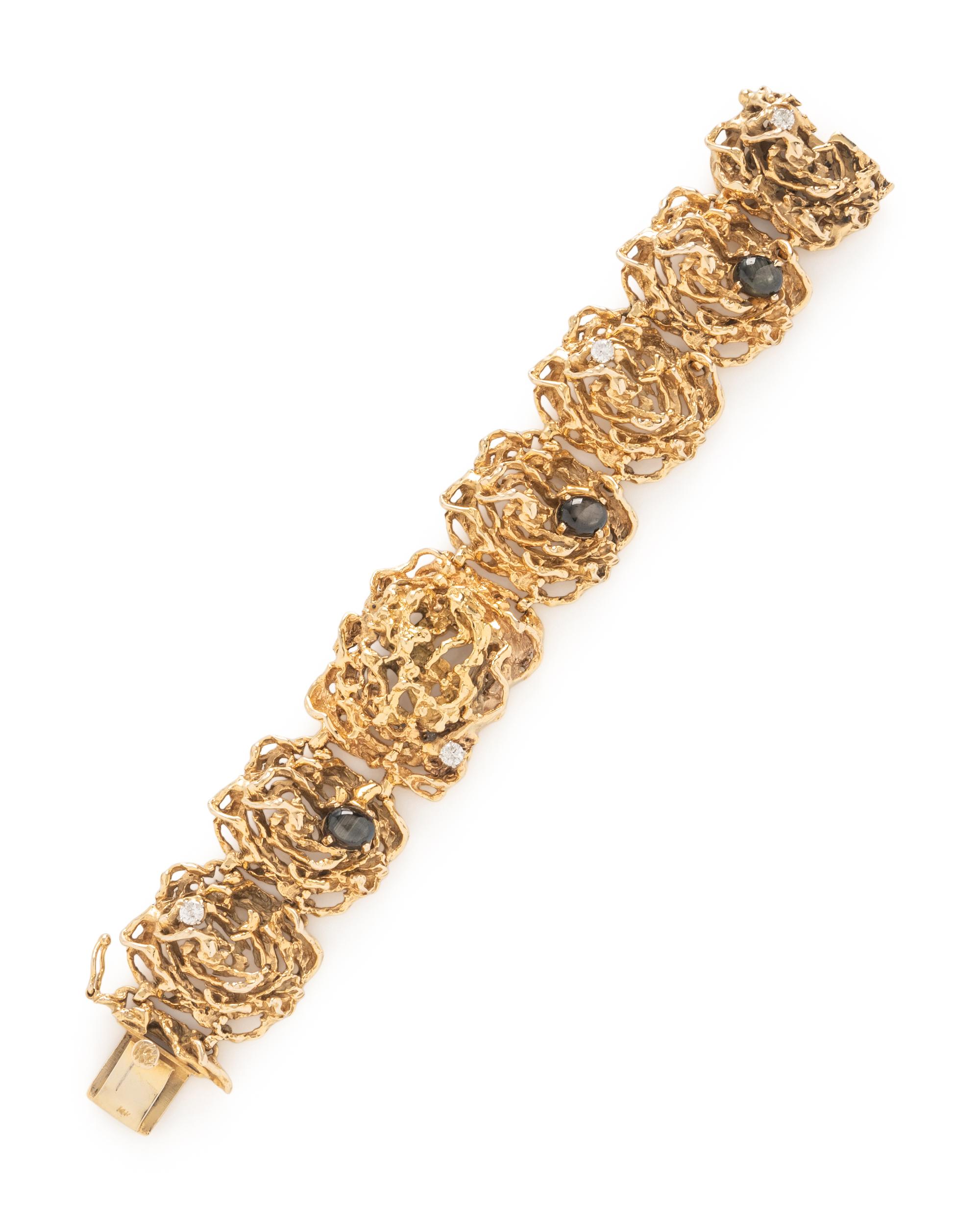 BRUTALIST YELLOW GOLD, BLACK STAR SAPPHIRE, AND DIAMOND BRACELET