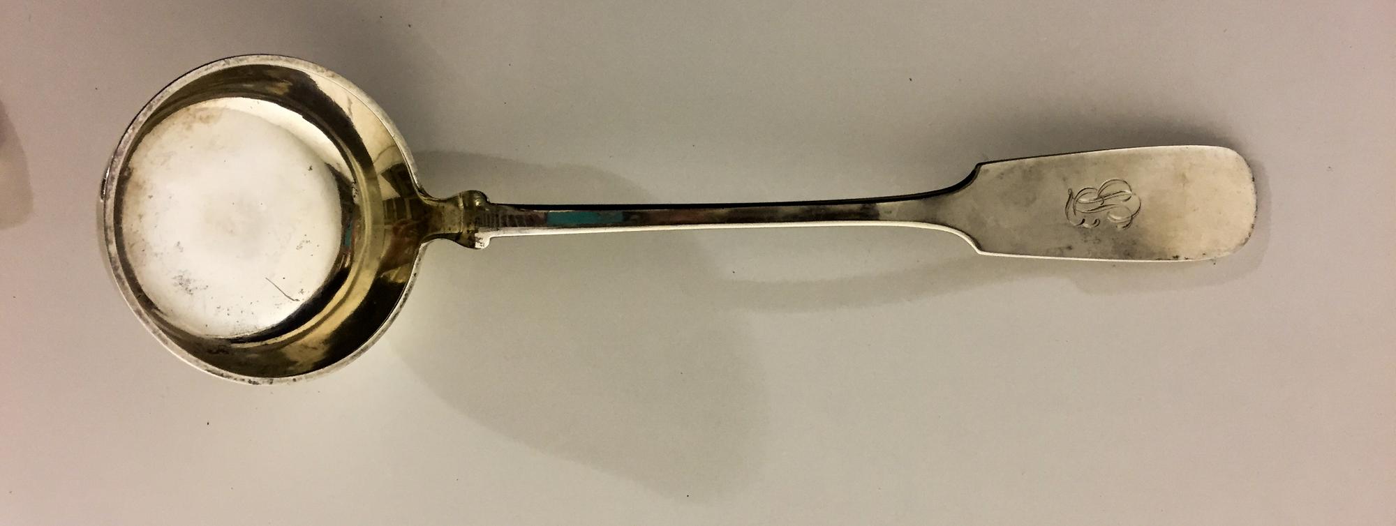 A German Silver Soup Ladle, M.J. Ruckert, Mainz, Circa 1925, with a script JB monogram.