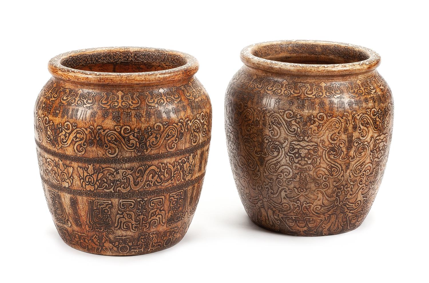 A Pair of Chinese Carved Marble Jardinieres Height 19 x diameter 18 inches.