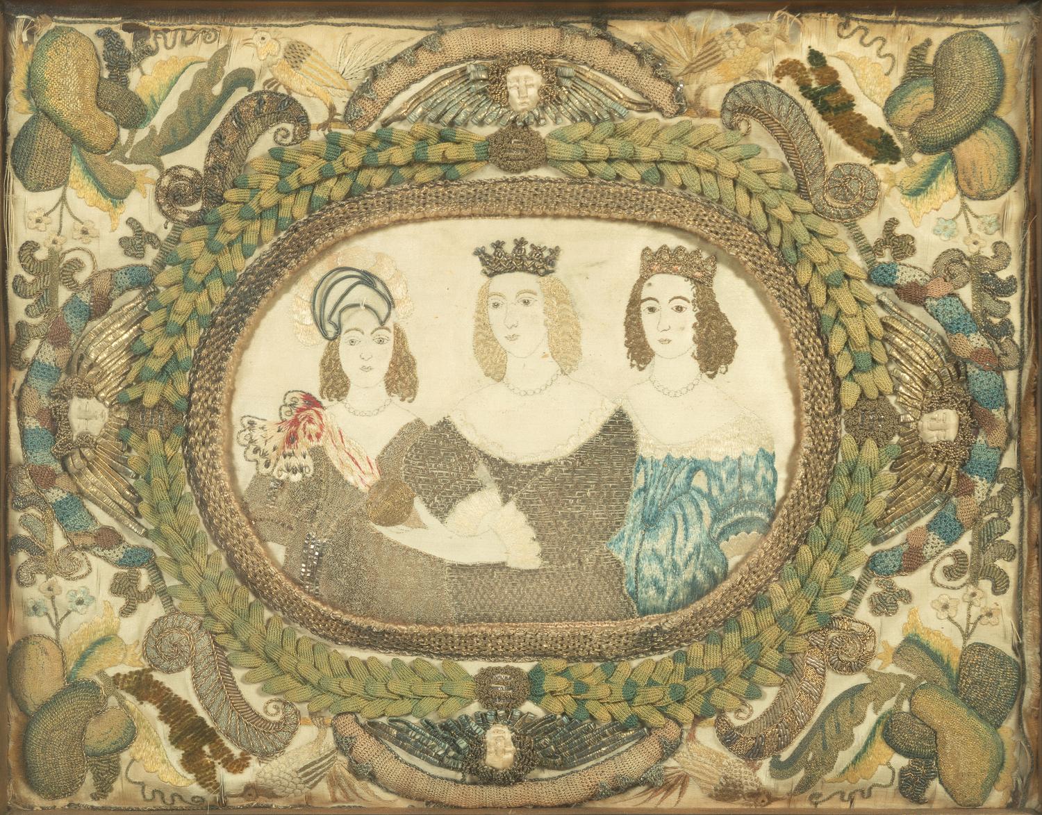 A Queen Anne Embroidered Stumpwork Picture of Three Noblewomen
