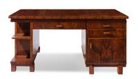 An Art Deco Burlwood Pedestal Desk Height 30 5/8 x width 63 1/8 x depth 31 1/2 inches.