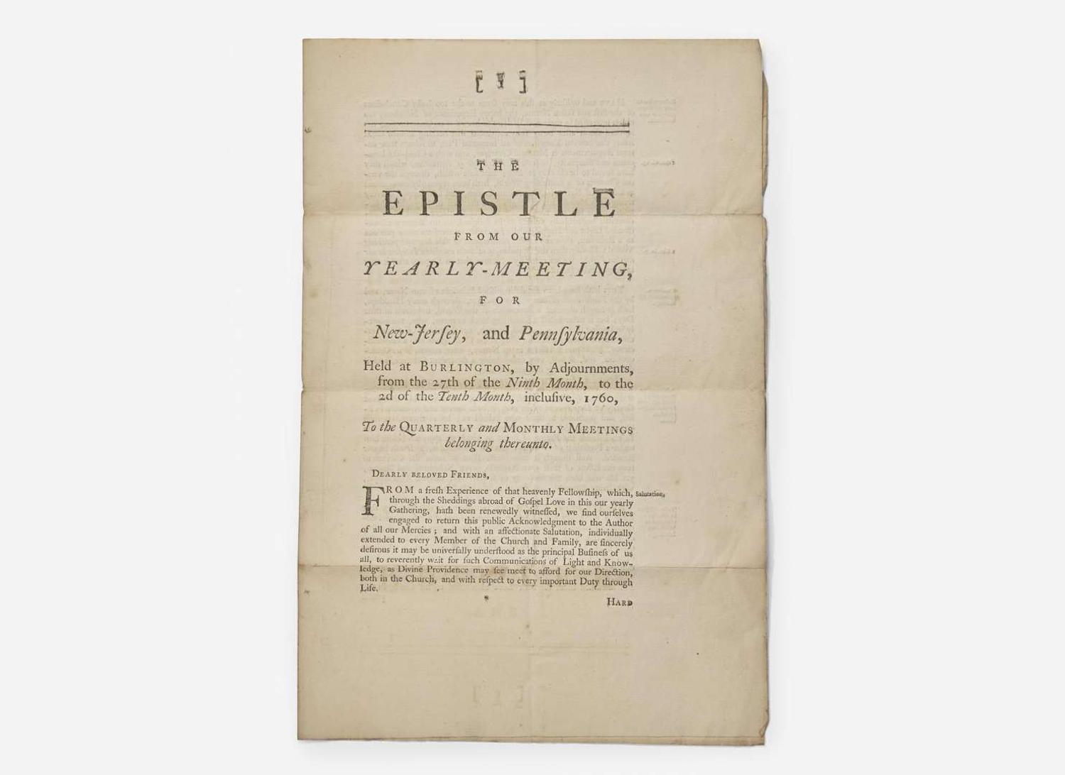 [Americana] [Franklin, Benjamin] Smith, John: The Epistle From Our Yearly-Meeting, for New-Jersey, and Pennsylvania...from the 27th of the Ninth Month, to the 2d of the Tenth Month, inclusive, 1760...