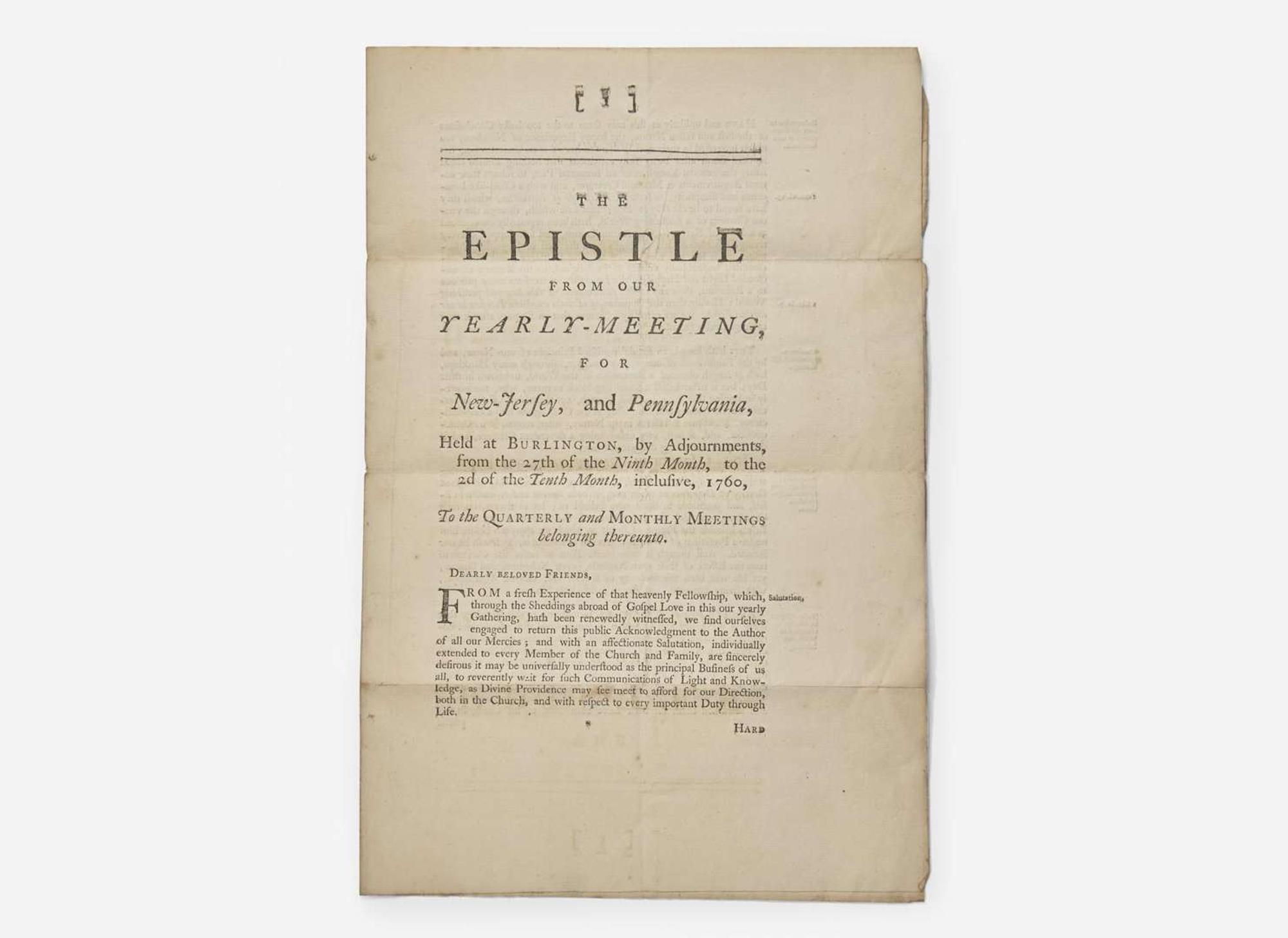 [Americana] [Franklin, Benjamin] Smith, John: The Epistle From Our Yearly-Meeting, for New-Jersey, and Pennsylvania...from the 27th of the Ninth Month, to the 2d of the Tenth Month, inclusive, 1760...