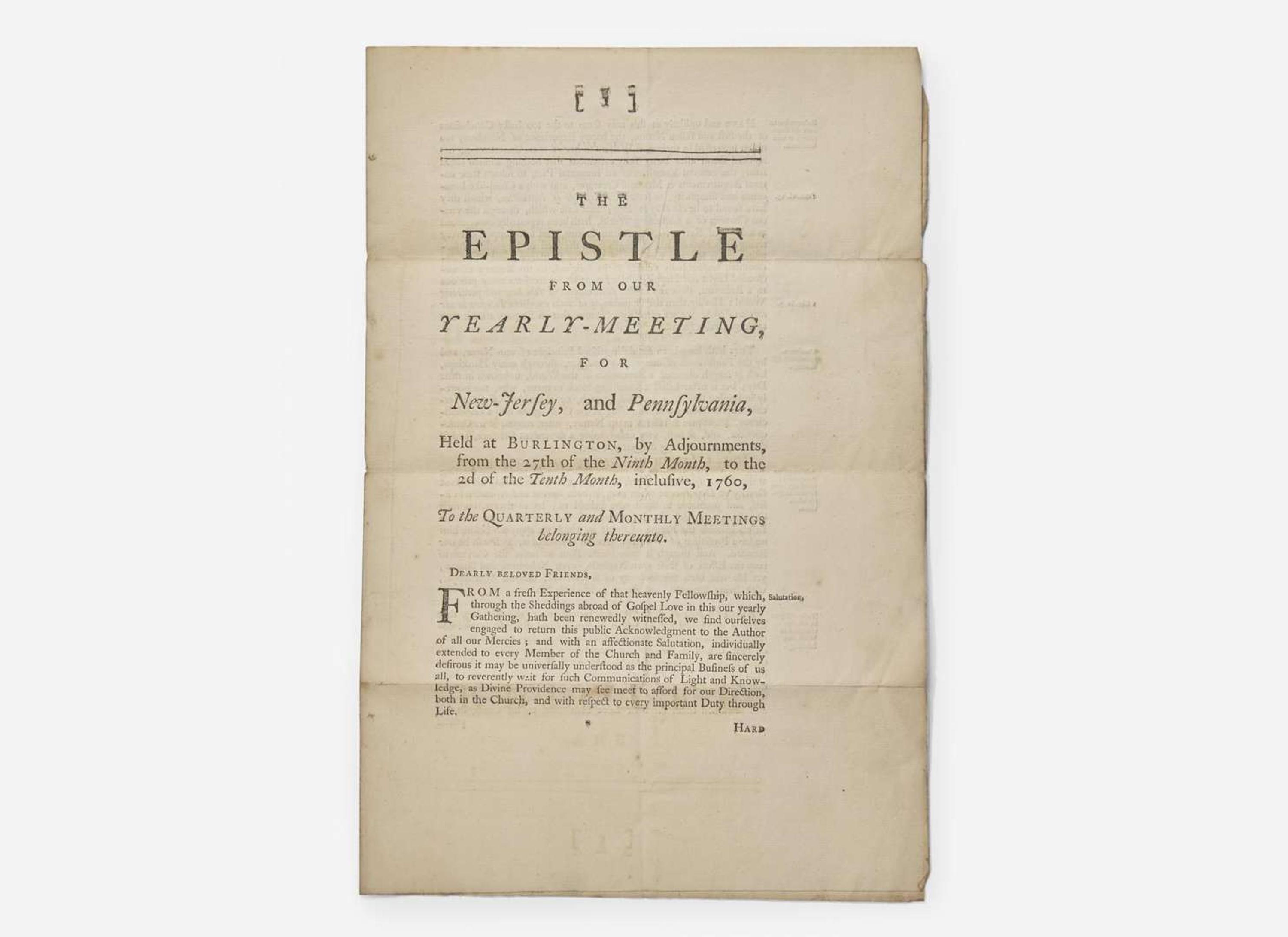 [Americana] [Franklin, Benjamin] Smith, John: The Epistle From Our Yearly-Meeting, for New-Jersey, and Pennsylvania...from the 27th of the Ninth Month, to the 2d of the Tenth Month, inclusive, 1760...