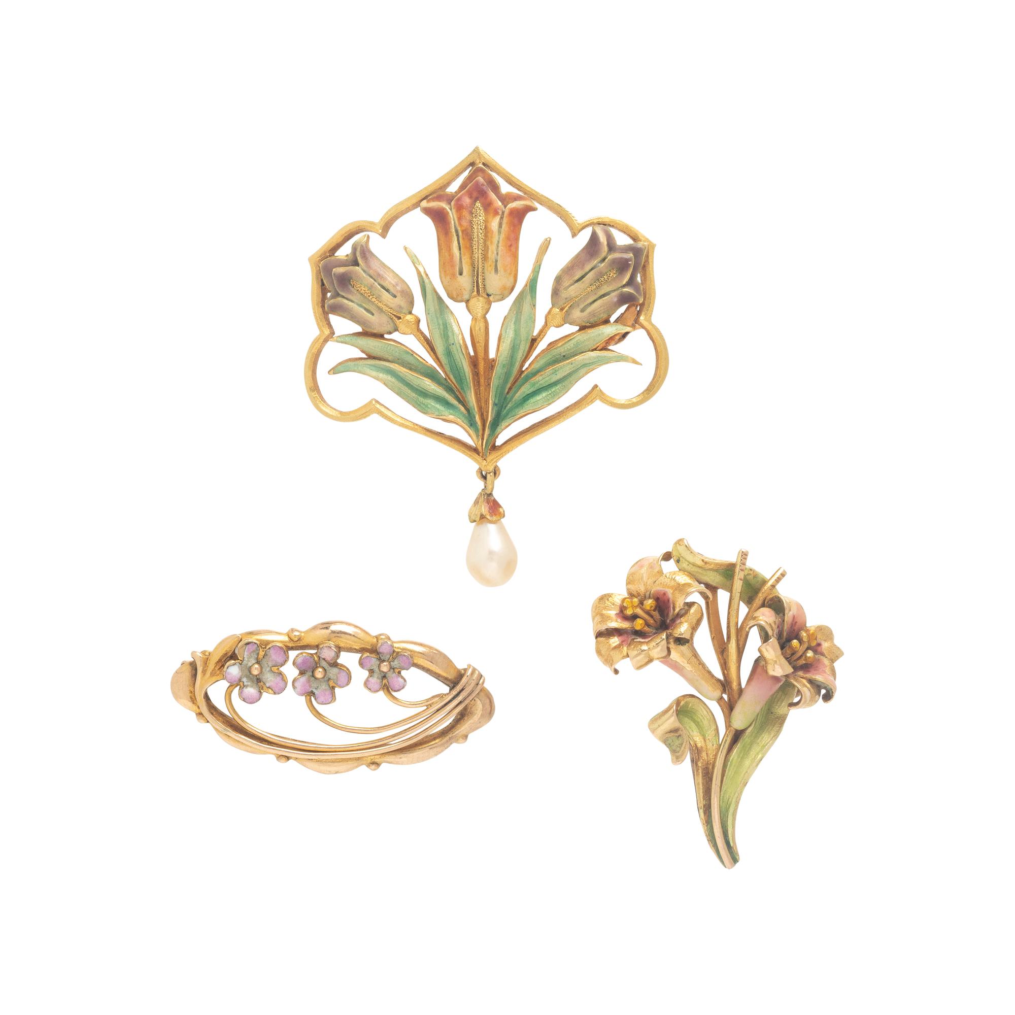 Art Nouveau, Three Enamel and Yellow Gold Brooches
