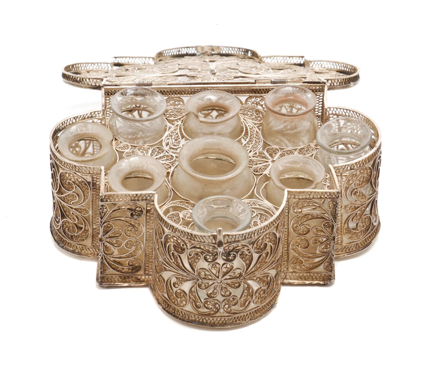 A Victorian Style Silver Filigree Perfume Bottle Casket, Height 2 1/4 x width 6 inches.