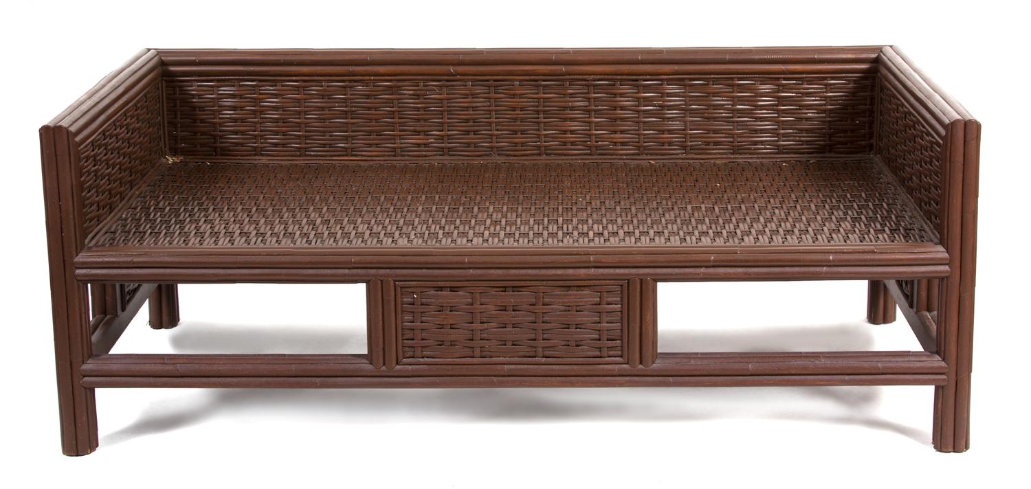 A Suite of Contemporary Brown Wicker and Stained Wood Outdoor Furniture Table, Height 19 1/2 x length 73 x depth 44 1/2 inches. — 20TH CENTURY