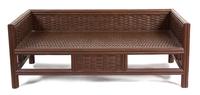 A Suite of Contemporary Brown Wicker and Stained Wood Outdoor Furniture Table, Height 19 1/2 x length 73 x depth 44 1/2 inches. — 20TH CENTURY