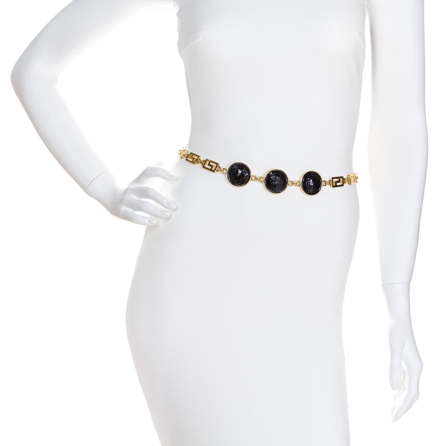 A Gianni Versace Black Medusa Medallion and Greco Link Belt, Medusa Disc: 1.25" x 1.25"; Length: 28.5"- 33.75".