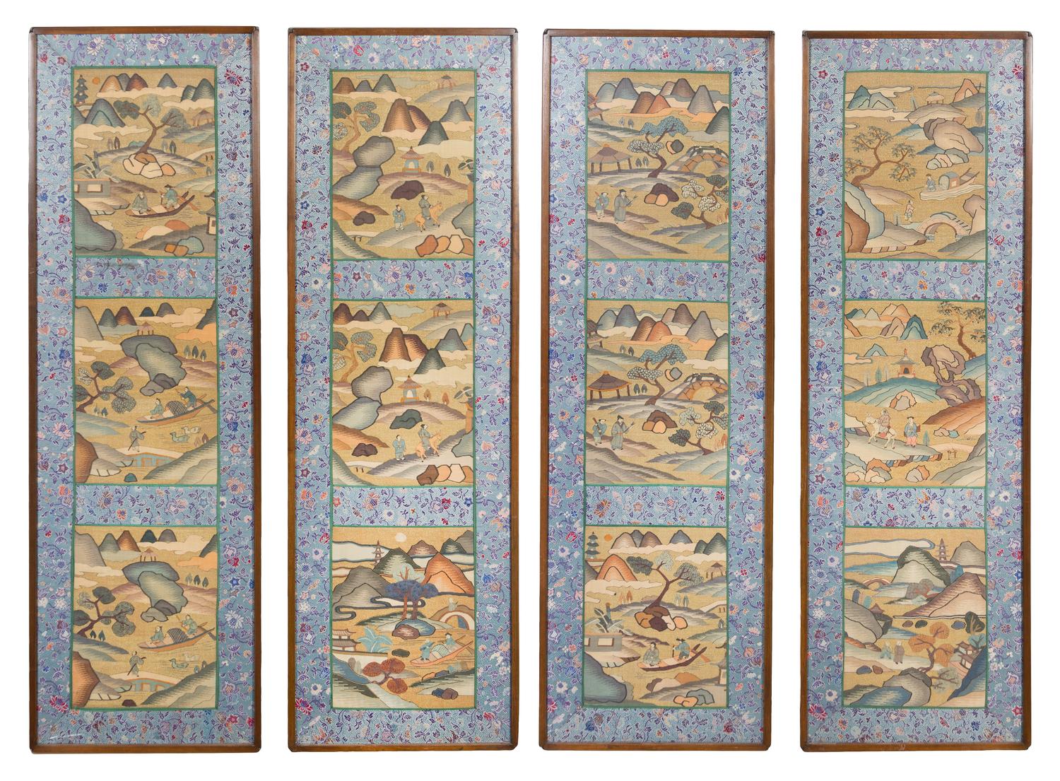 A Chinese Four-Panel Kesi Silk Screen LATE QING DYNASTY 45 1/2 x 14 inches. — LATE QING DYNASTY