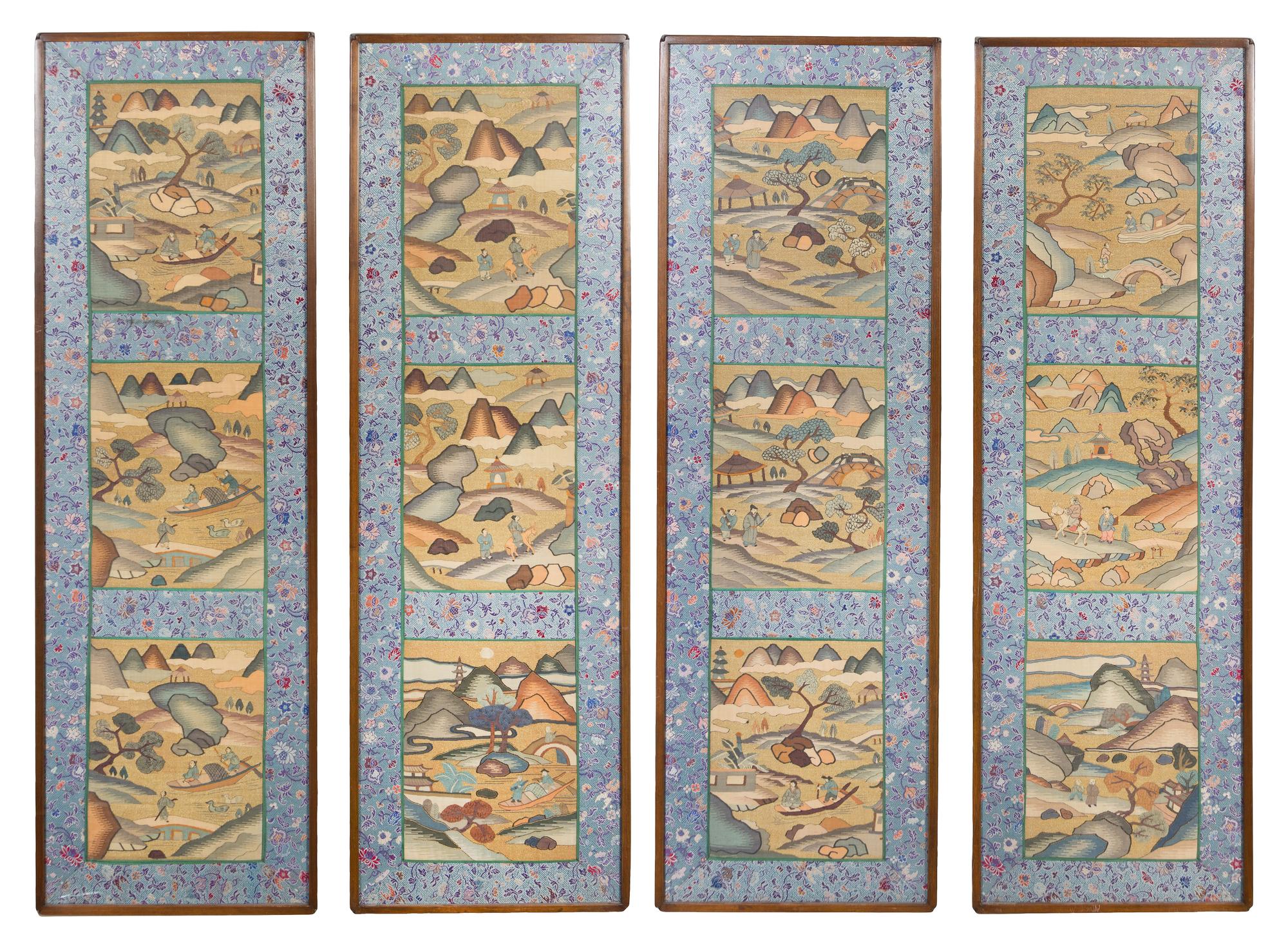 A Chinese Four-Panel Kesi Silk Screen LATE QING DYNASTY 45 1/2 x 14 inches. — LATE QING DYNASTY