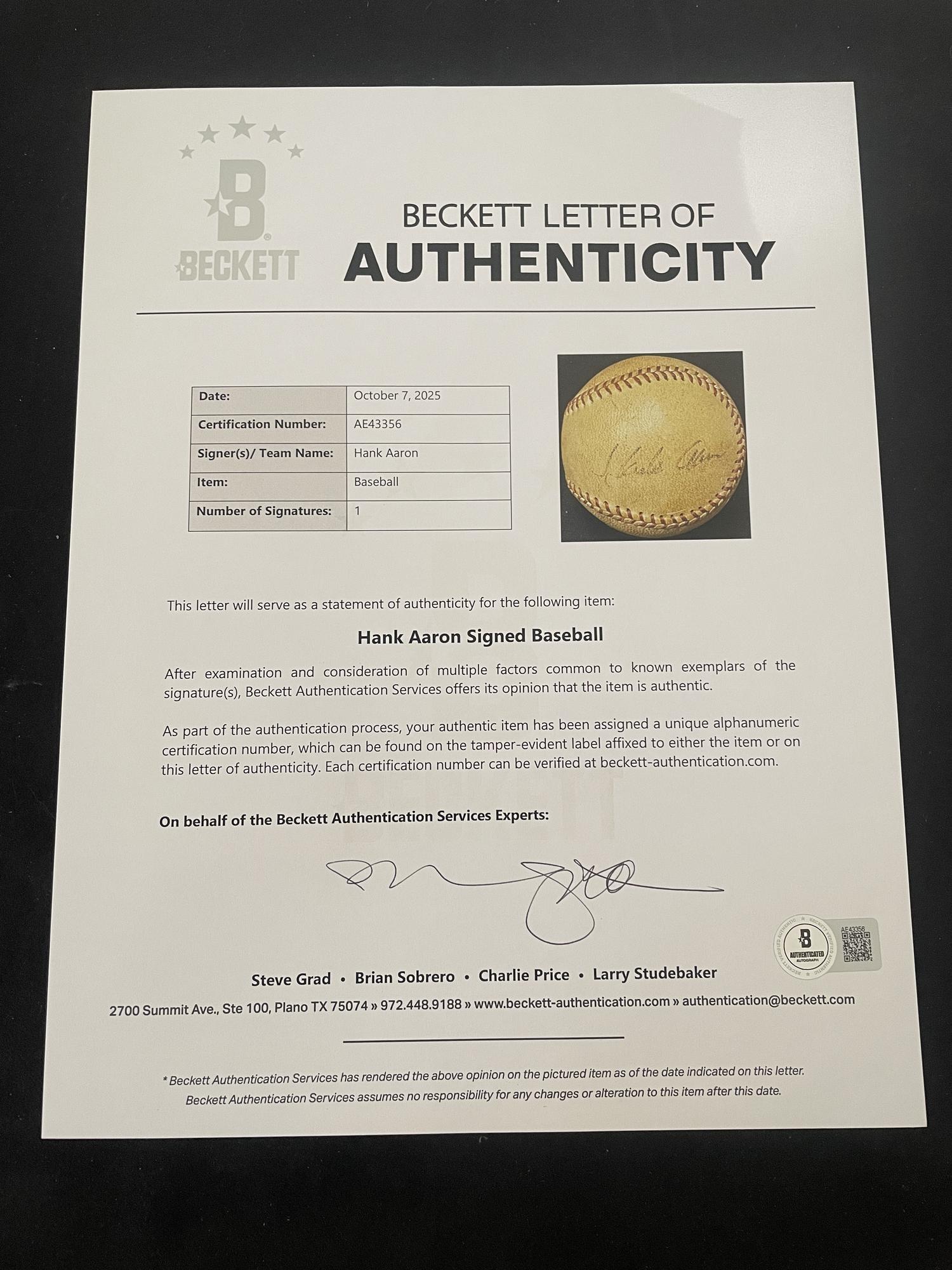 A Hank Aaron Single Signed Autograph Baseball - Vintage Signature (Beckett Authentication Services Letter)