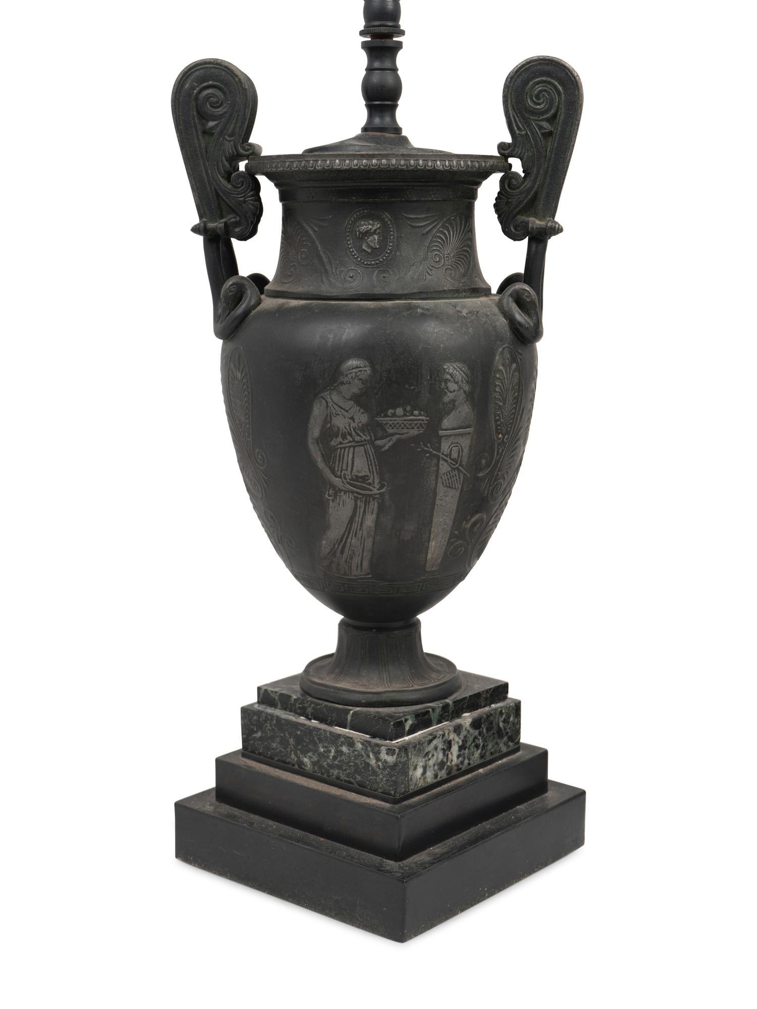A Pair of Grand Tour Cast Metal Urns Mounted as Lamps with Marble Bases