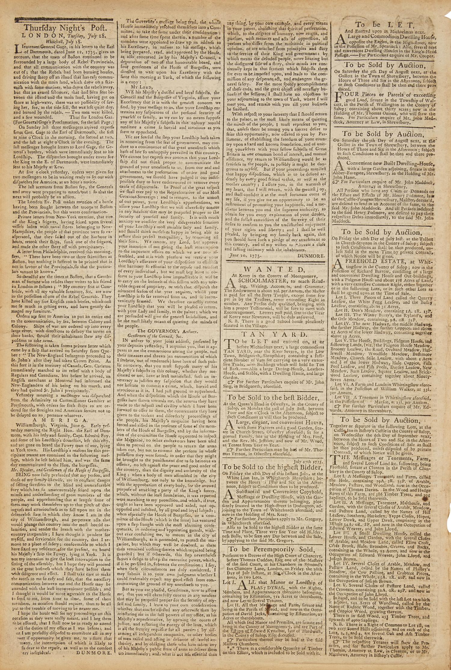 [American Revolution] English Printing of General Gage's Amnesty Proclamation of 1775, Plus Numerous Articles Pertaining to the Increasing Hostilities in America