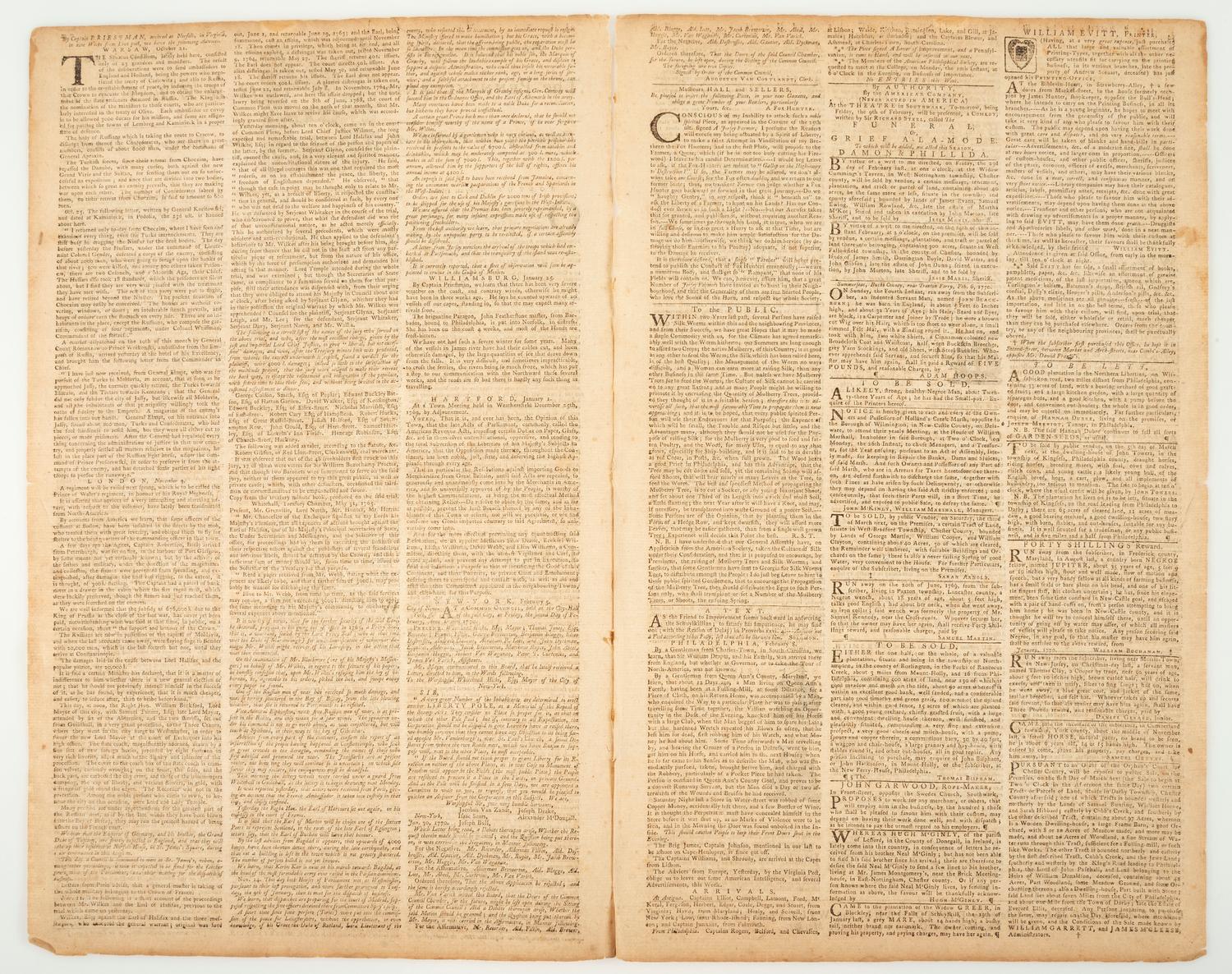 [PRE-REVOLUTIONARY WAR - NONIMPORTATION AGREEMENTS]. The Pennsylvania Gazette . No. 2146. Philadelphia: David Hall and William Sellers, 8 February 1770.