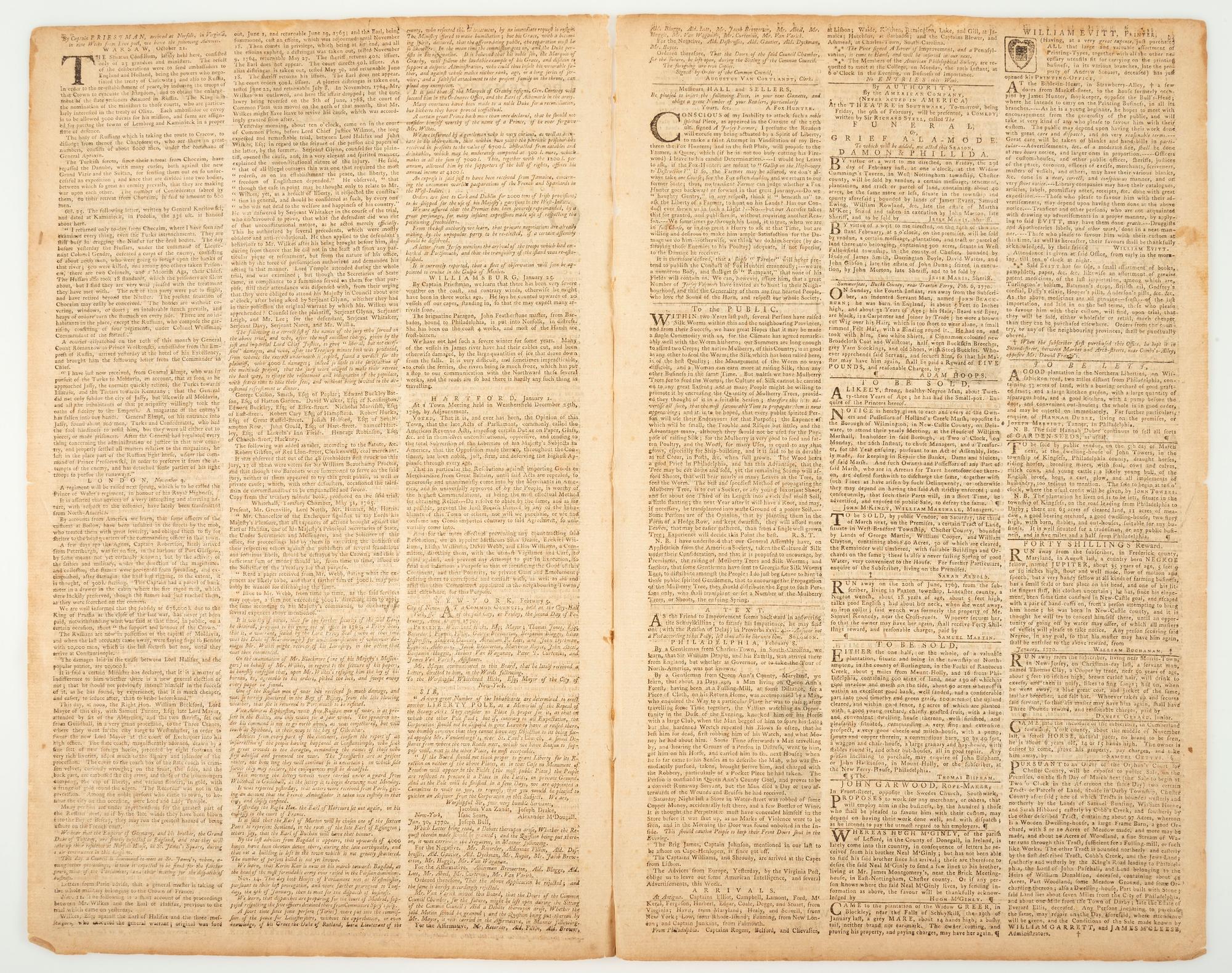[PRE-REVOLUTIONARY WAR - NONIMPORTATION AGREEMENTS]. The Pennsylvania Gazette . No. 2146. Philadelphia: David Hall and William Sellers, 8 February 1770.