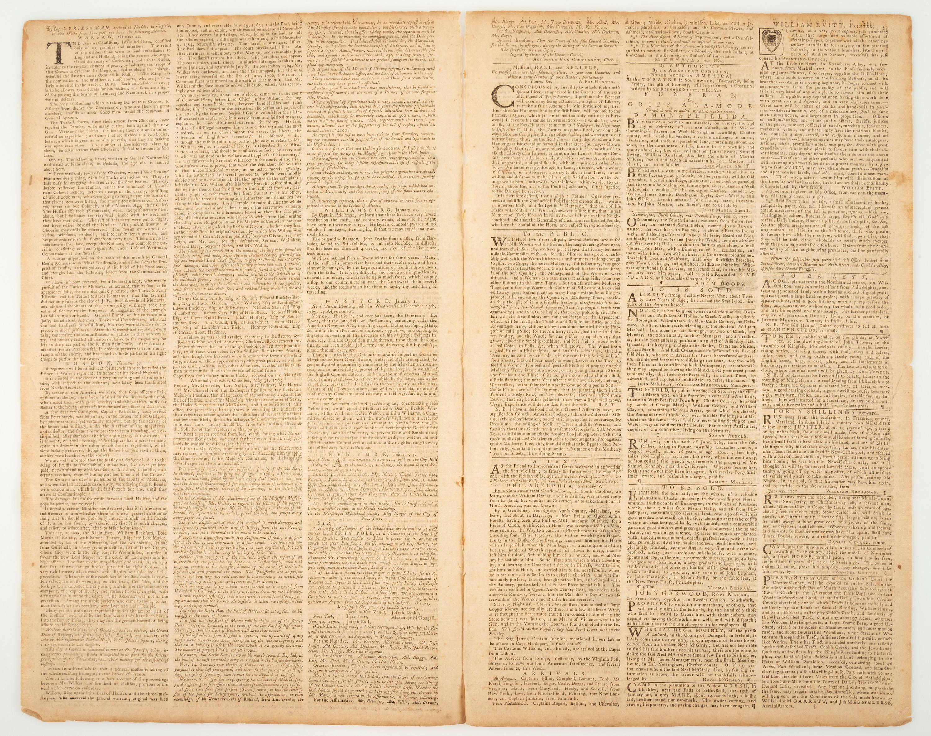[PRE-REVOLUTIONARY WAR - NONIMPORTATION AGREEMENTS]. The Pennsylvania Gazette . No. 2146. Philadelphia: David Hall and William Sellers, 8 February 1770.