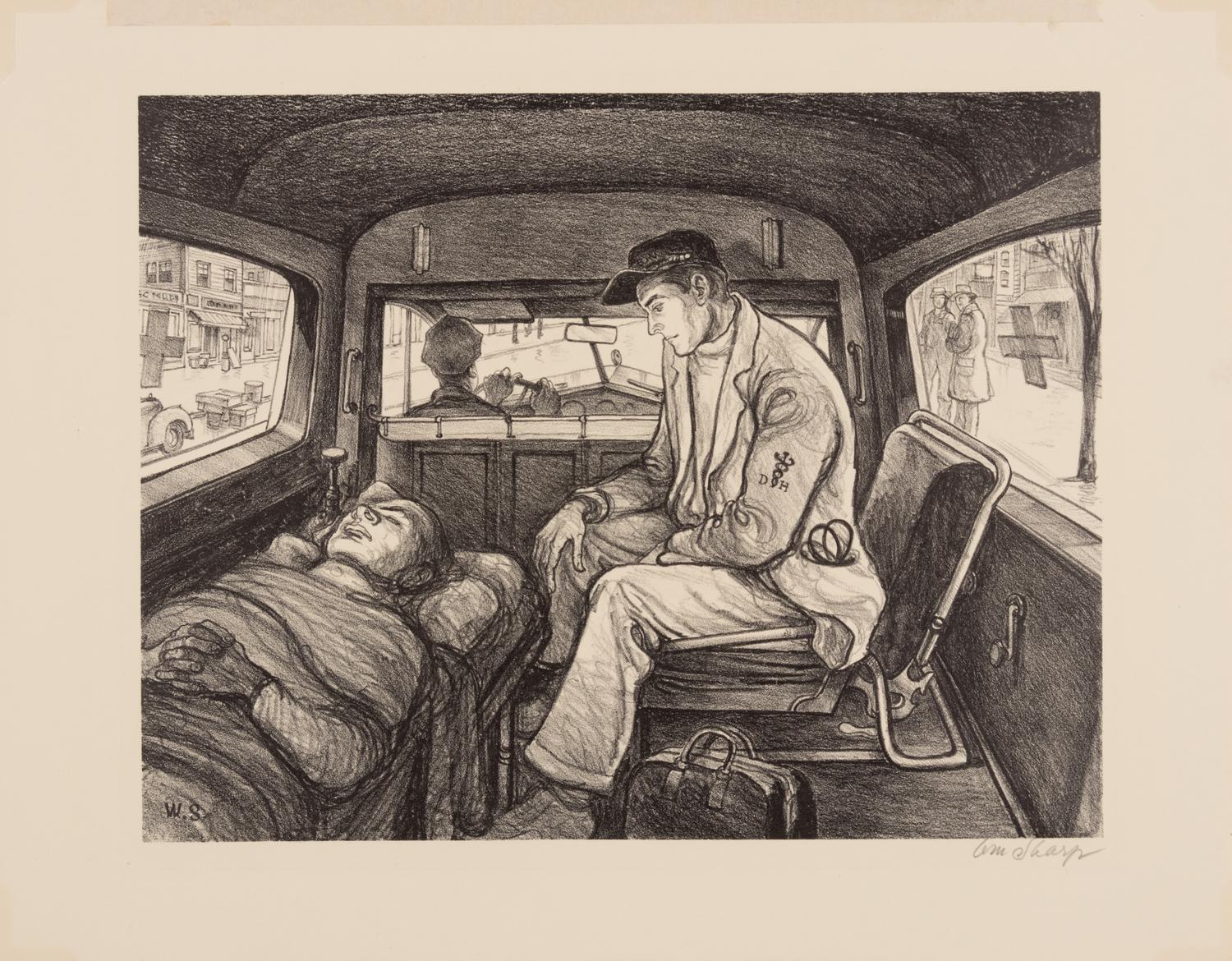 A group of six American prints (Ruth Chaney, Basketball ; Maxim Gottlieb, The Village Thief ; John Gregory, Cortez Street, Boston ; Lawrence Kupferman, Victorian Mansion ; Reginald Marsh, Star Burlesque ; William Sharpe, Ambulance )