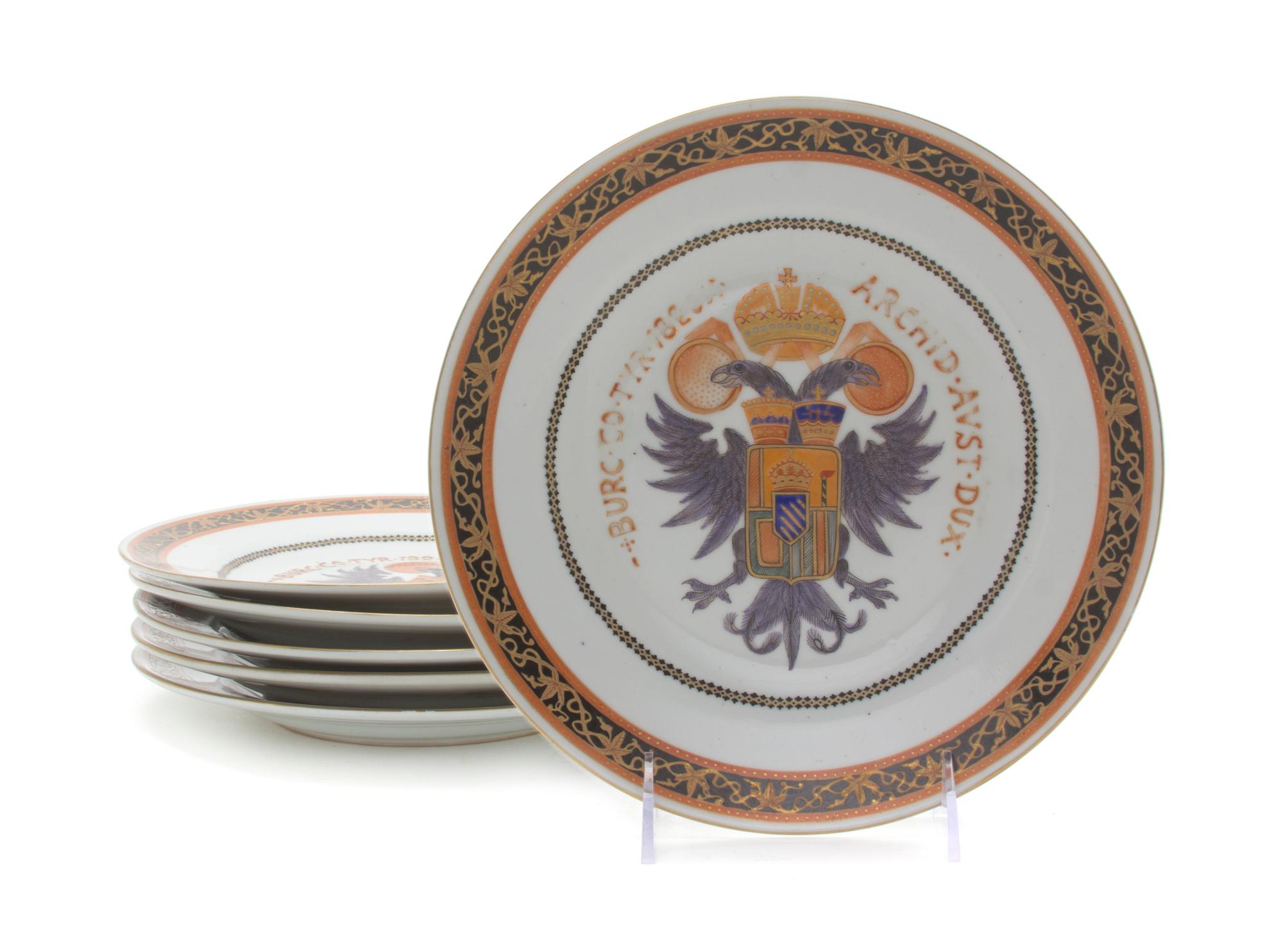 Six Chinese Export Armorial Plates, LIKELY LATE 19TH CENTURY, Diameter 9 1/4 inches. — LIKELY LATE 19TH CENTURY,