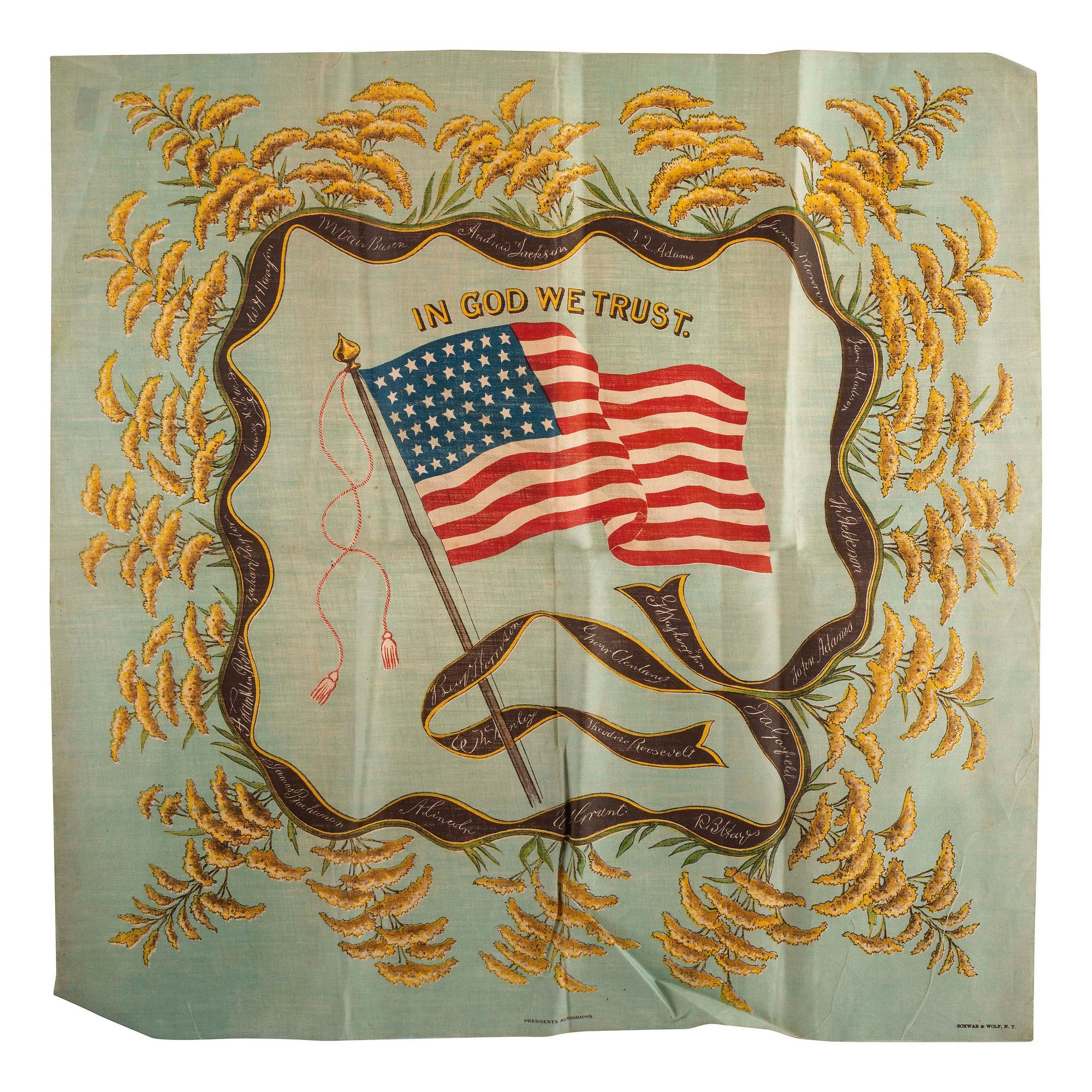 [AMERICANA -- TEXTILES]. A group of 13 handkerchiefs and other textiles commemorating the Centennial, the Founding Fathers, and other patriotic themes, including:
