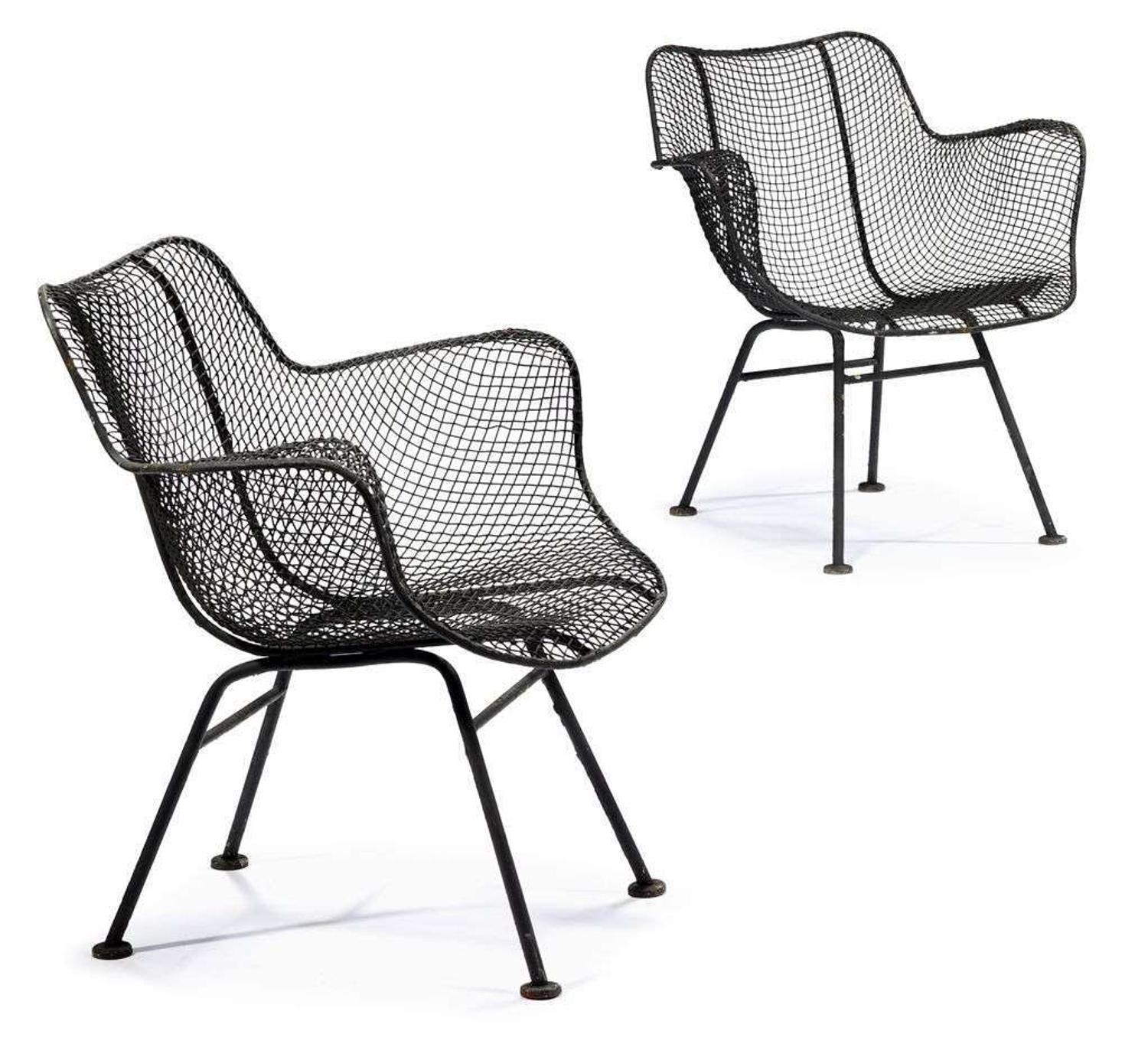 Four "Sculptura" wirework and iron chairs and table russell woodard, owosso, mi, circa 1965