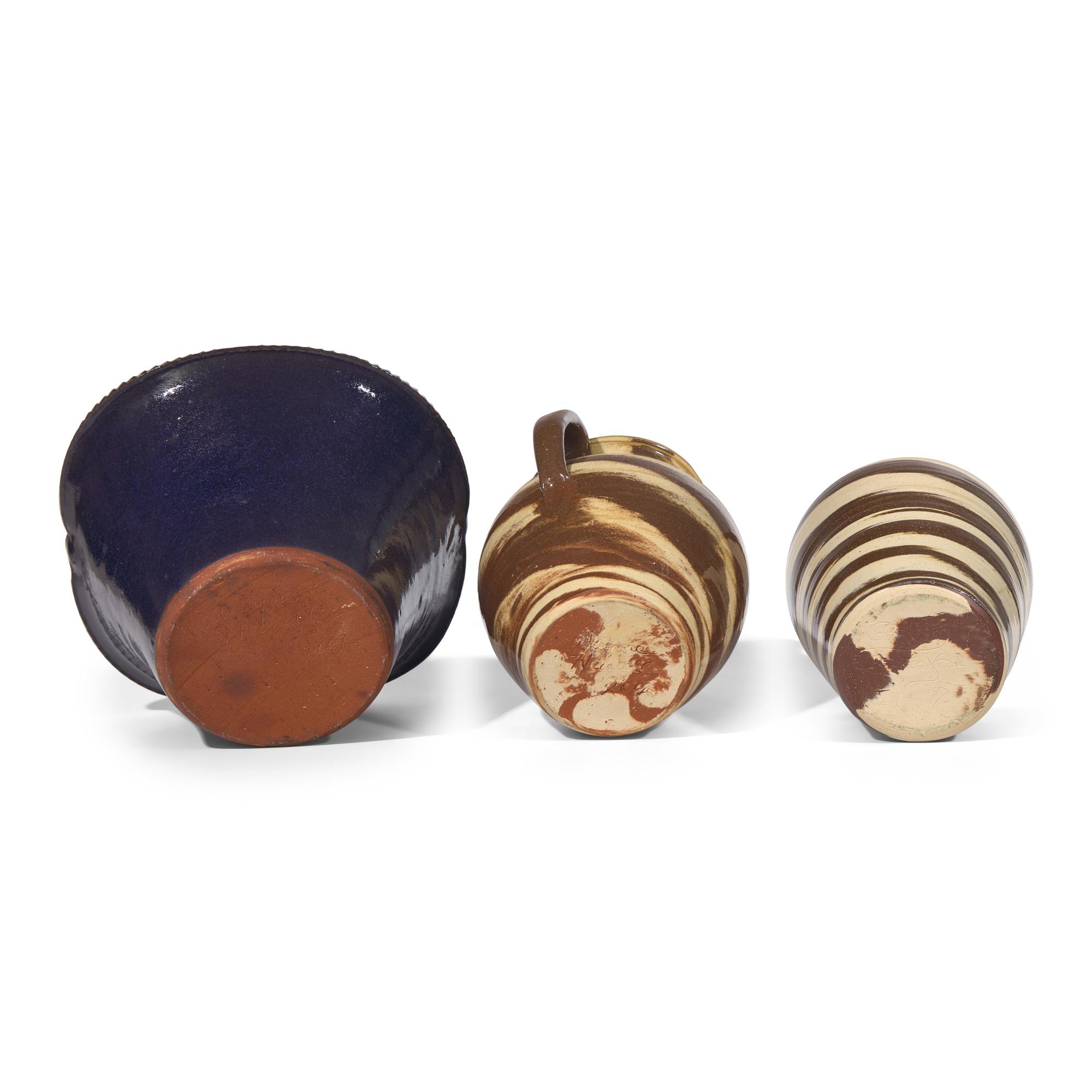 Wayne Hewell and Jeffrey McDowell, Three Glazed Stoneware Works: Two Swirl Jugs and a Basket