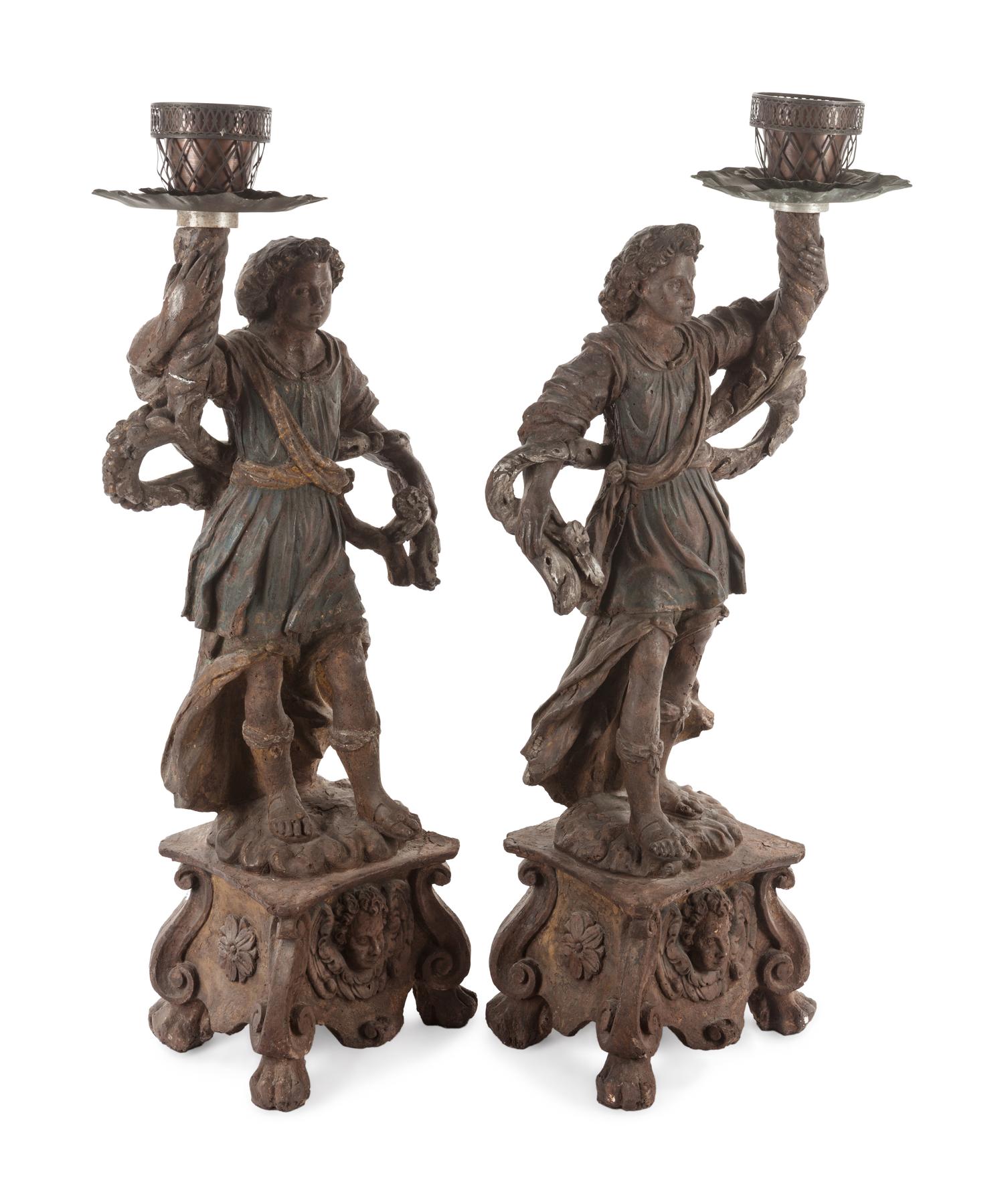 Two Neapolitan Carved and Painted Figural Pricket Sticks