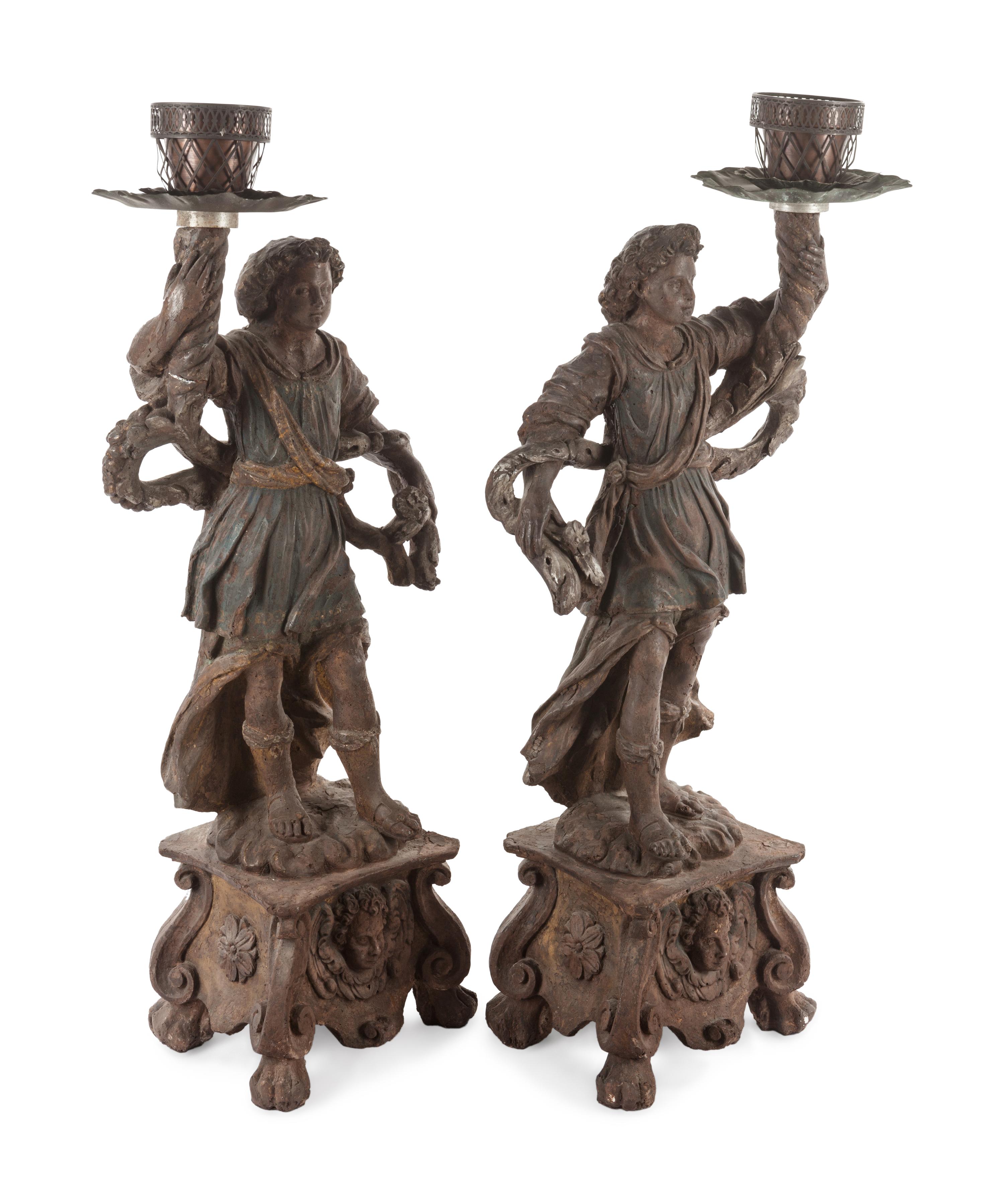 Two Neapolitan Carved and Painted Figural Pricket Sticks
