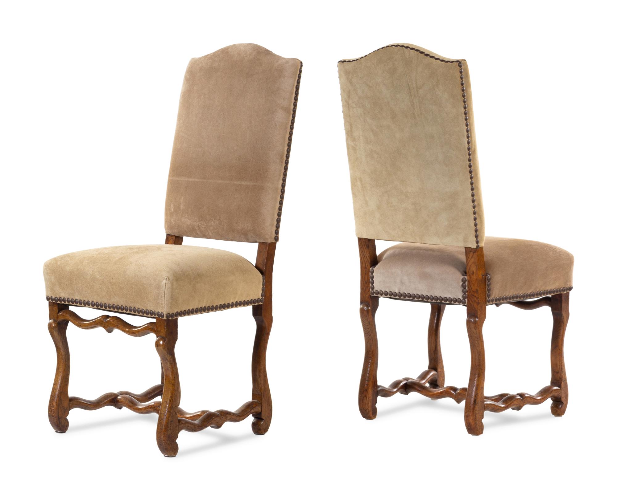 A Set of Eight Louis XIV Style Suede-Upholstered Walnut Dining Chairs