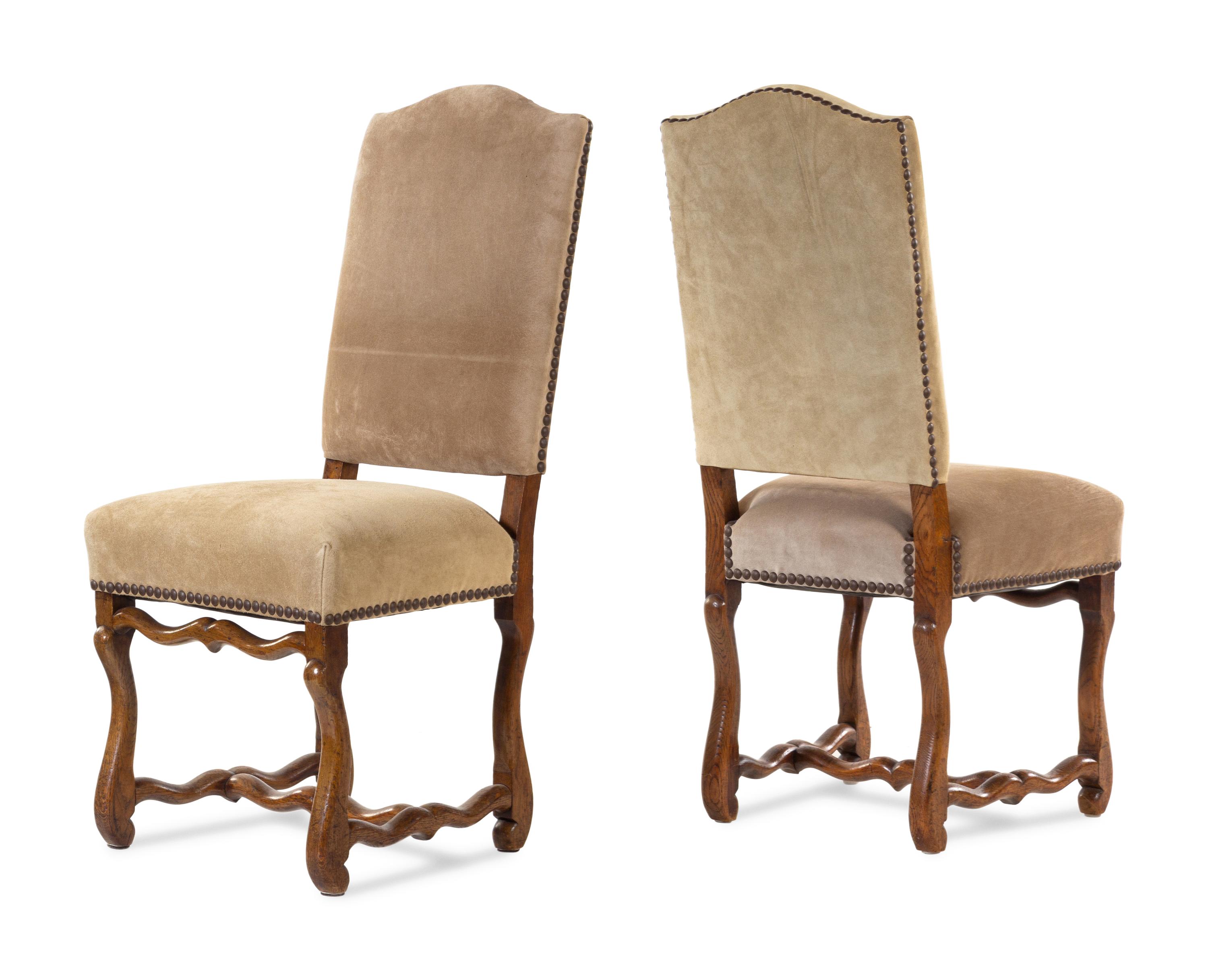 A Set of Eight Louis XIV Style Suede-Upholstered Walnut Dining Chairs