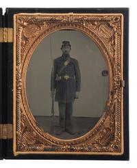 [CIVIL WAR]. Quarter plate ruby ambrotype of soldier standing with bayonet.