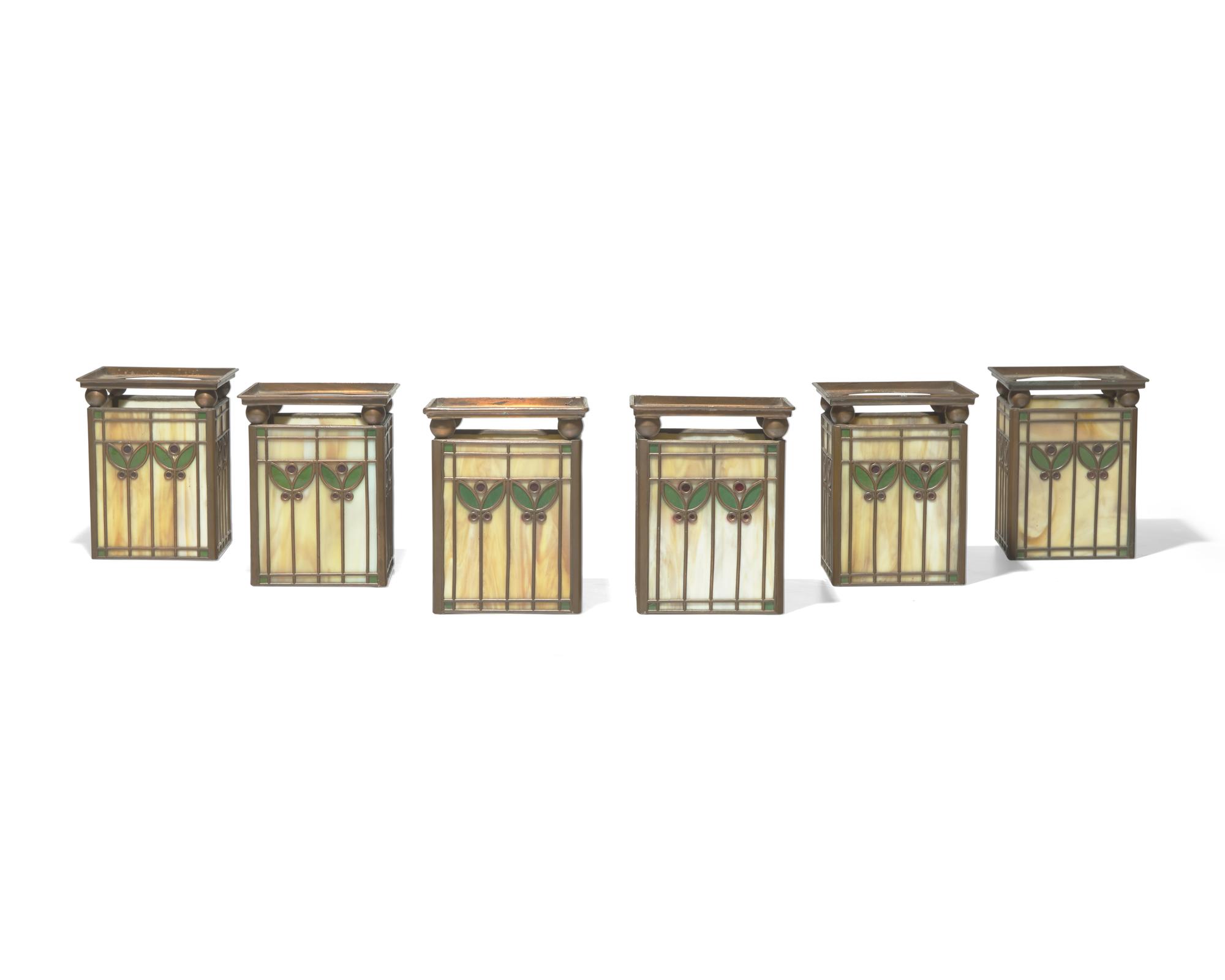 Slag glass shades, six, c. 1908 Handel Glass, USA