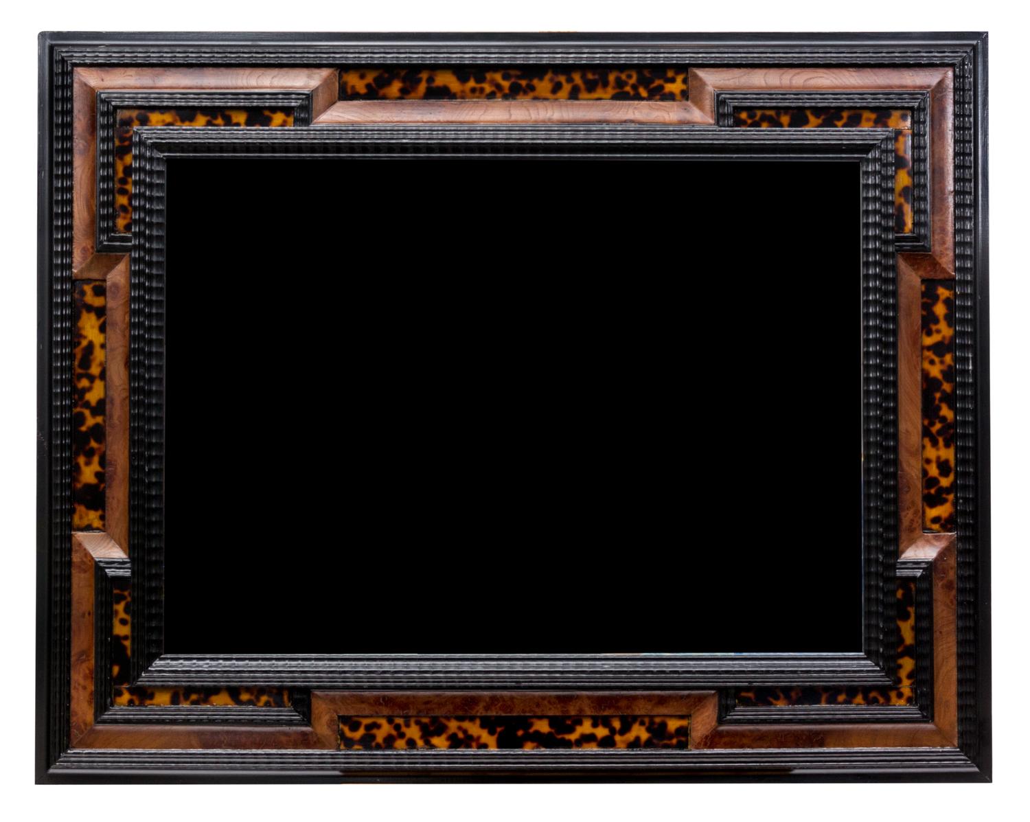 A Baroque Style Tortoiseshell Veneered Burr Walnut and Parcel Ebonized Mirror 37 x 28 inches.