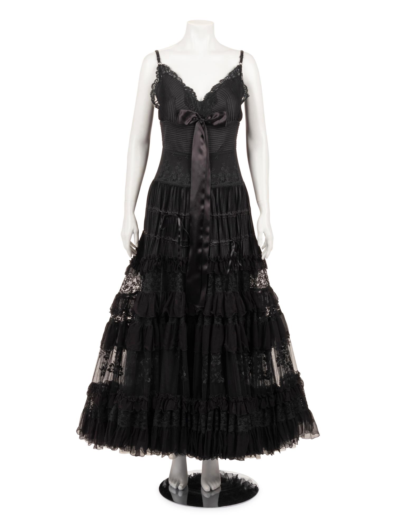Elie Saab Strapless Evening Dress with Pintucks, Lace, and Ruffles, 2010s
