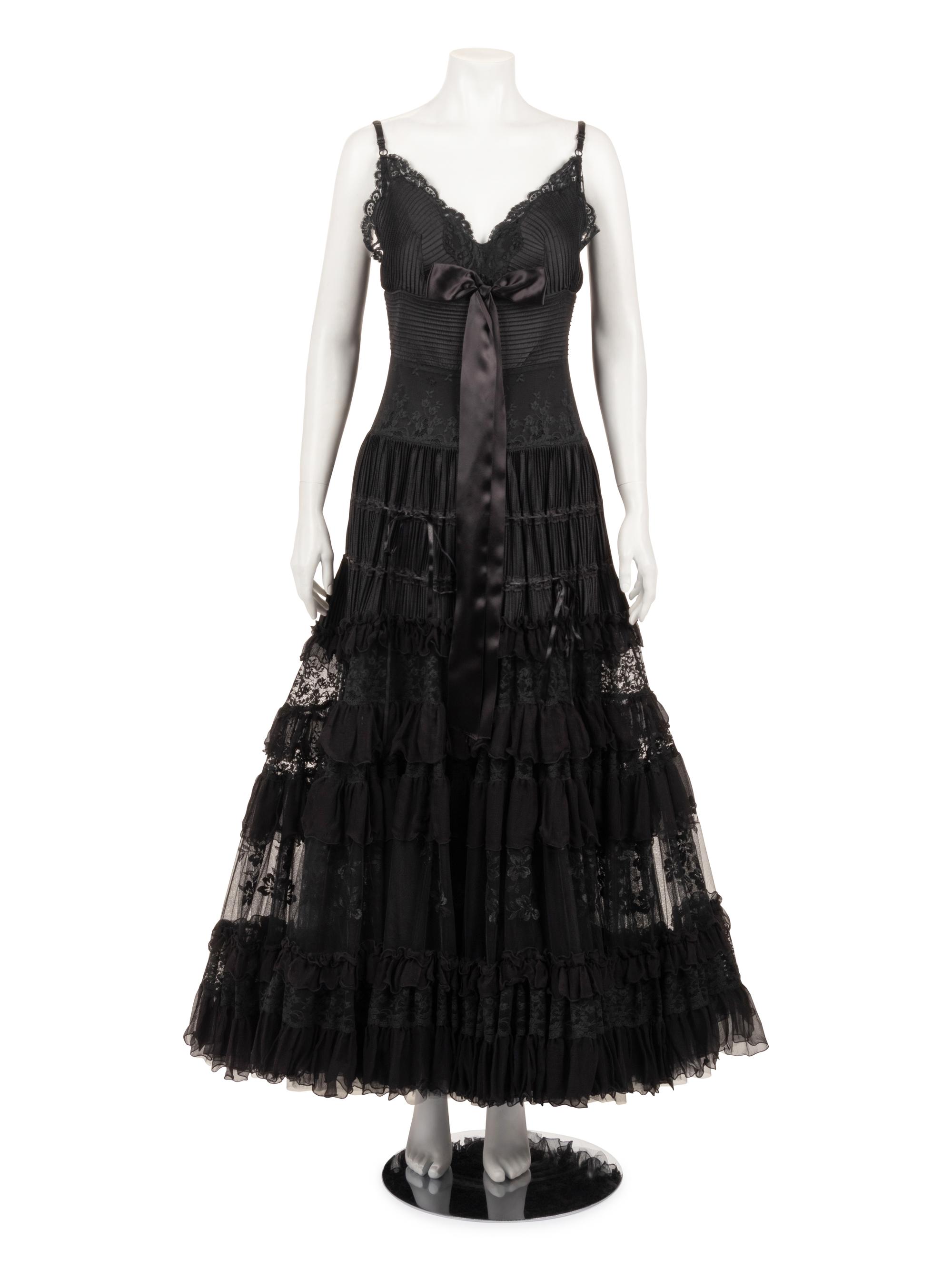 Elie Saab Strapless Evening Dress with Pintucks, Lace, and Ruffles, 2010s